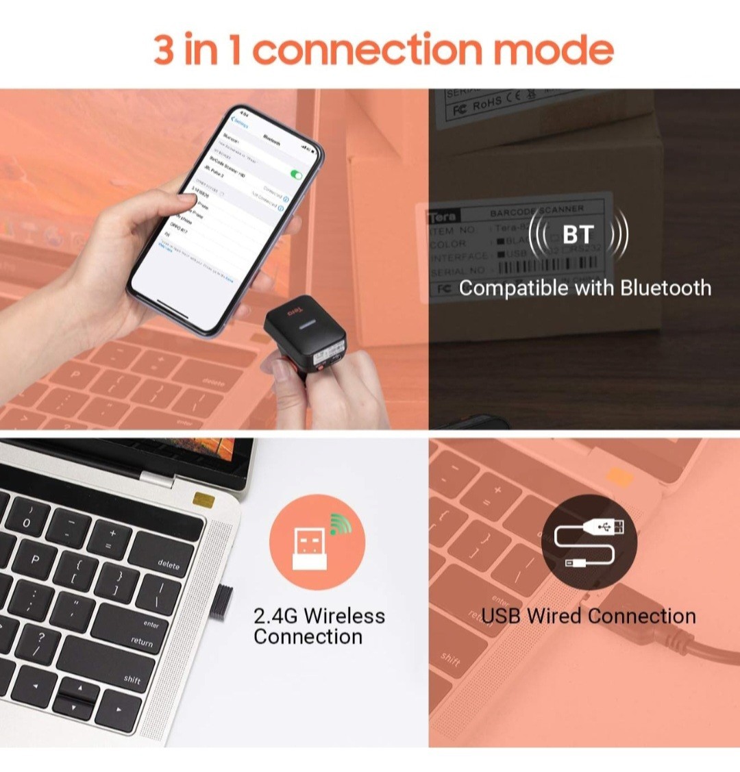 Tera HW0010 Wireless 2D Ring Mini Wearable Barcode Scanner