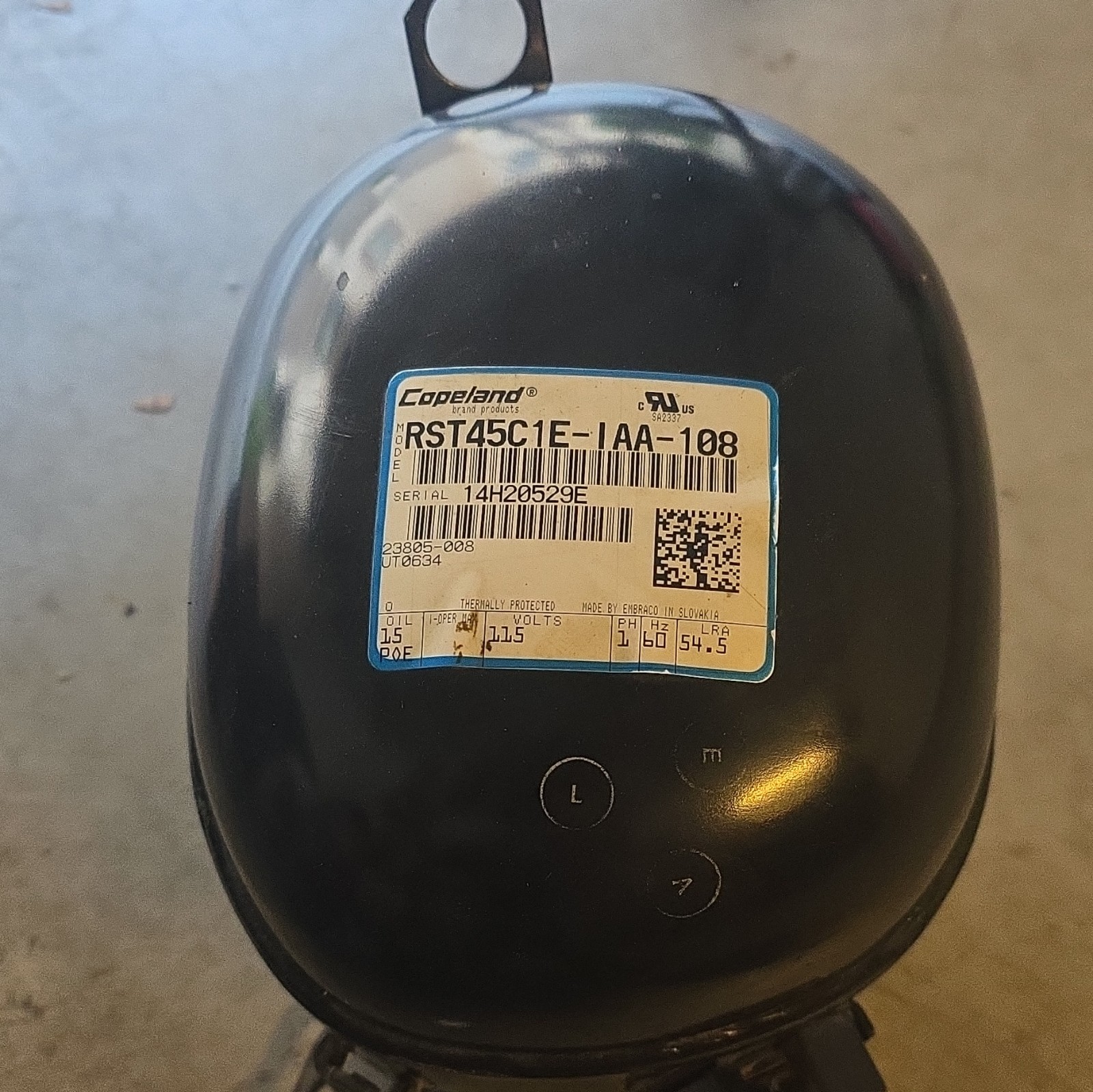 Copeland Hermetic Compressor RST45C1E-IAA-108 115V 1 Phase R404A