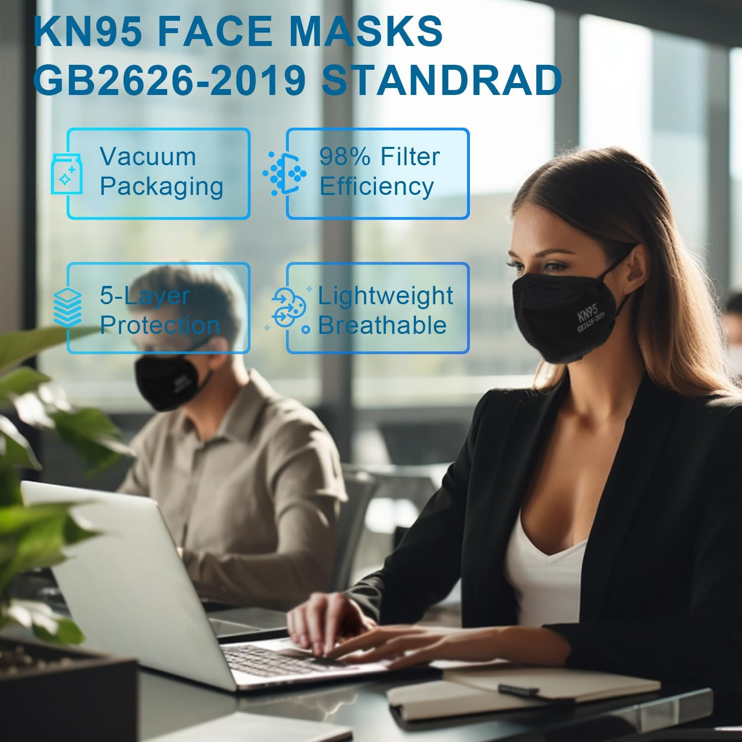 KN95 Face Mask Black, 50 Pack – 5-Layer Protective Masks, GB2626-2019 Certifi…