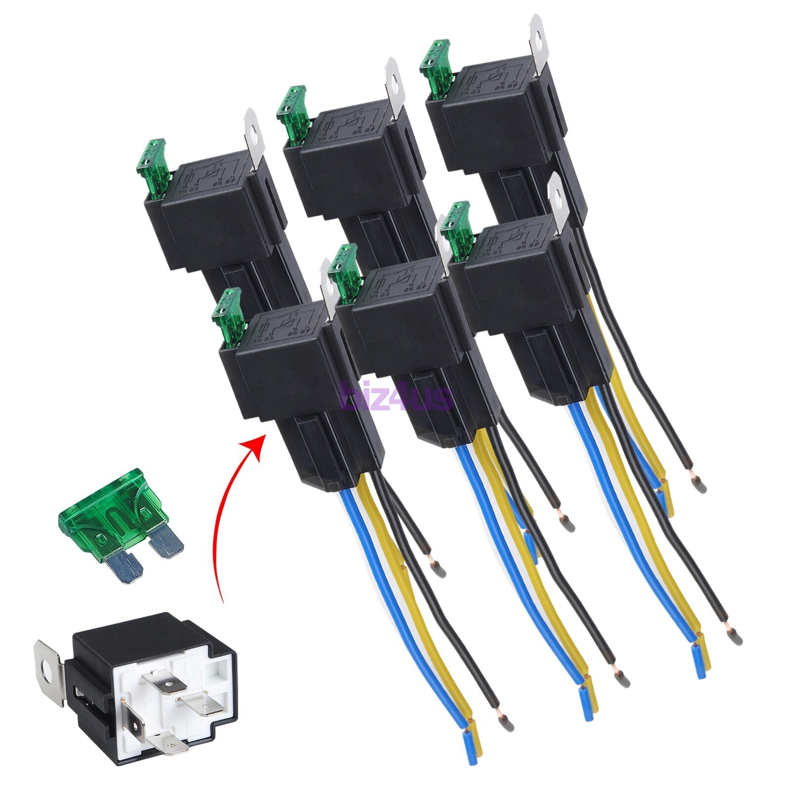 6 Pack 12V DC 30 Amp 4-Pin Automotive Relay Harness Set Switch Fuse US