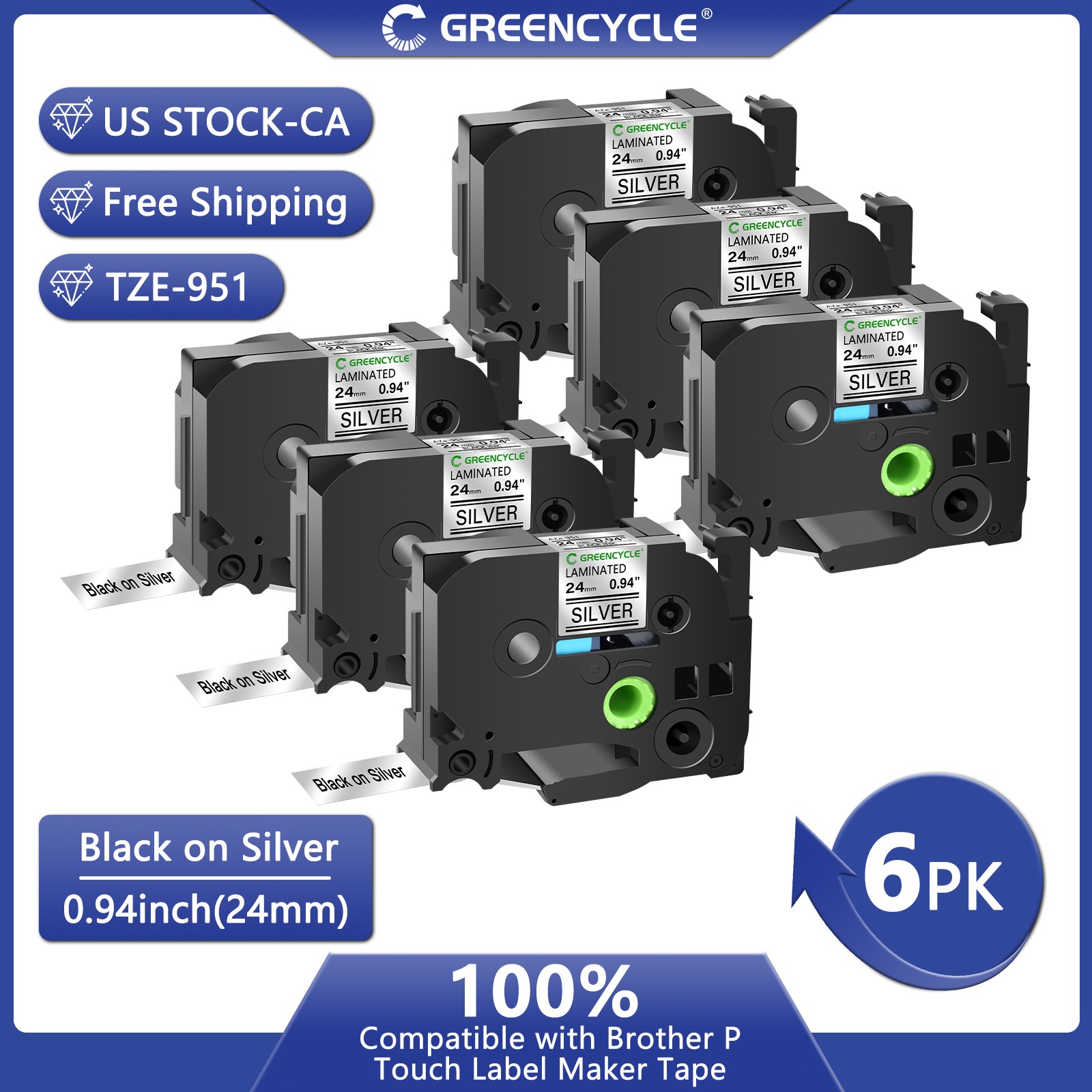 6x 24mm Black on Silver TZE TZ-951 Label Tape Compatible For Brother PT7500 7600