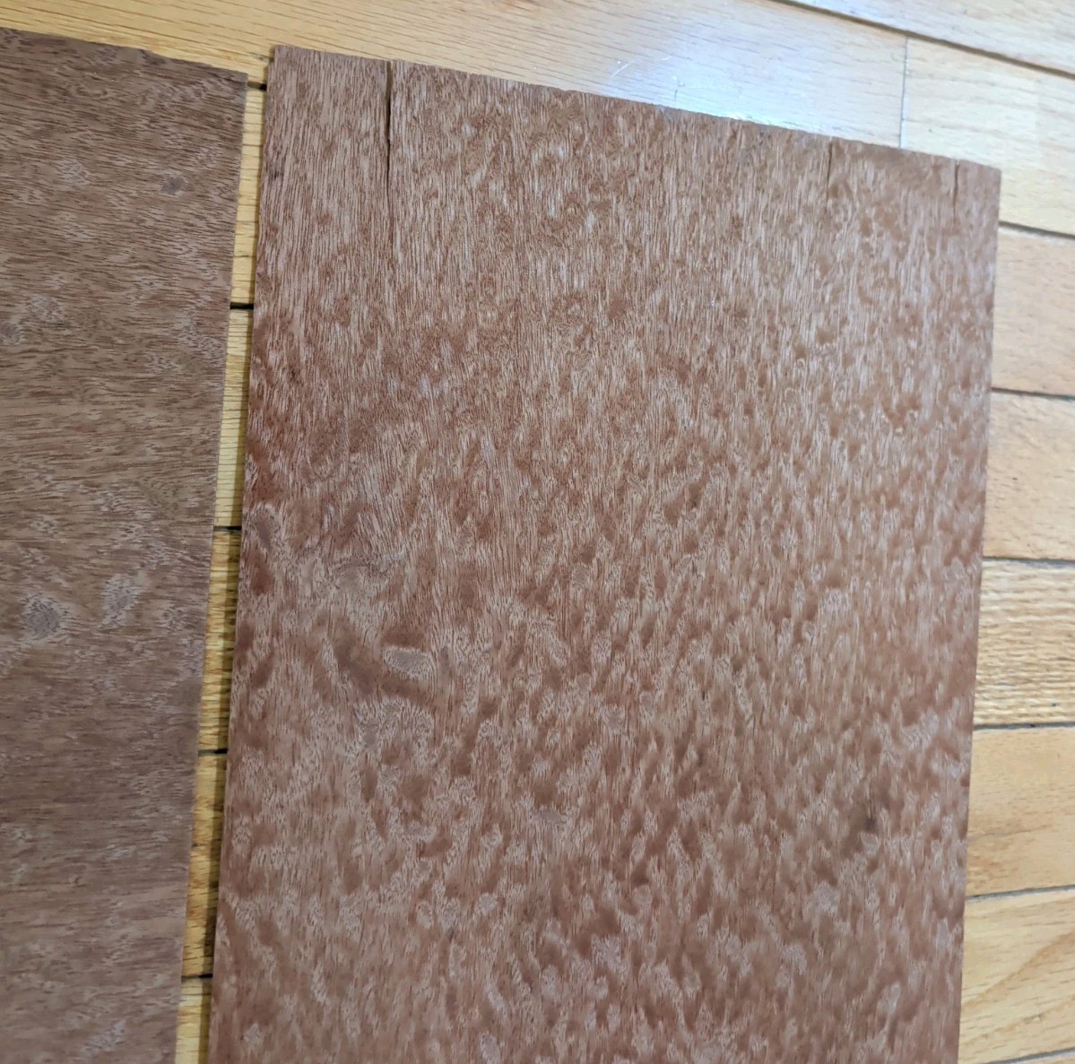2 pcs sapele pomelle mahogany wood veneer 9 3/4″ x 19 3/8″ each 1/42″ cracks