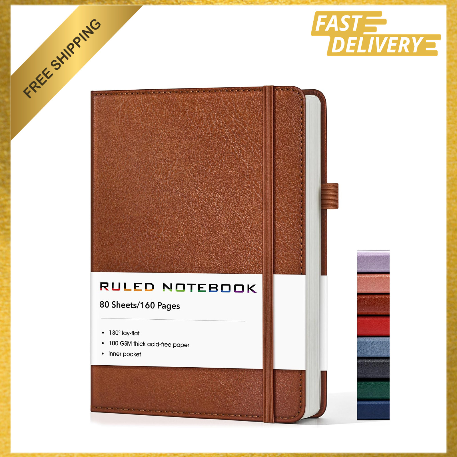 Lined Journal Notebook, A5 Hardcover Leather, 160 Pages, Brown, For Writing and