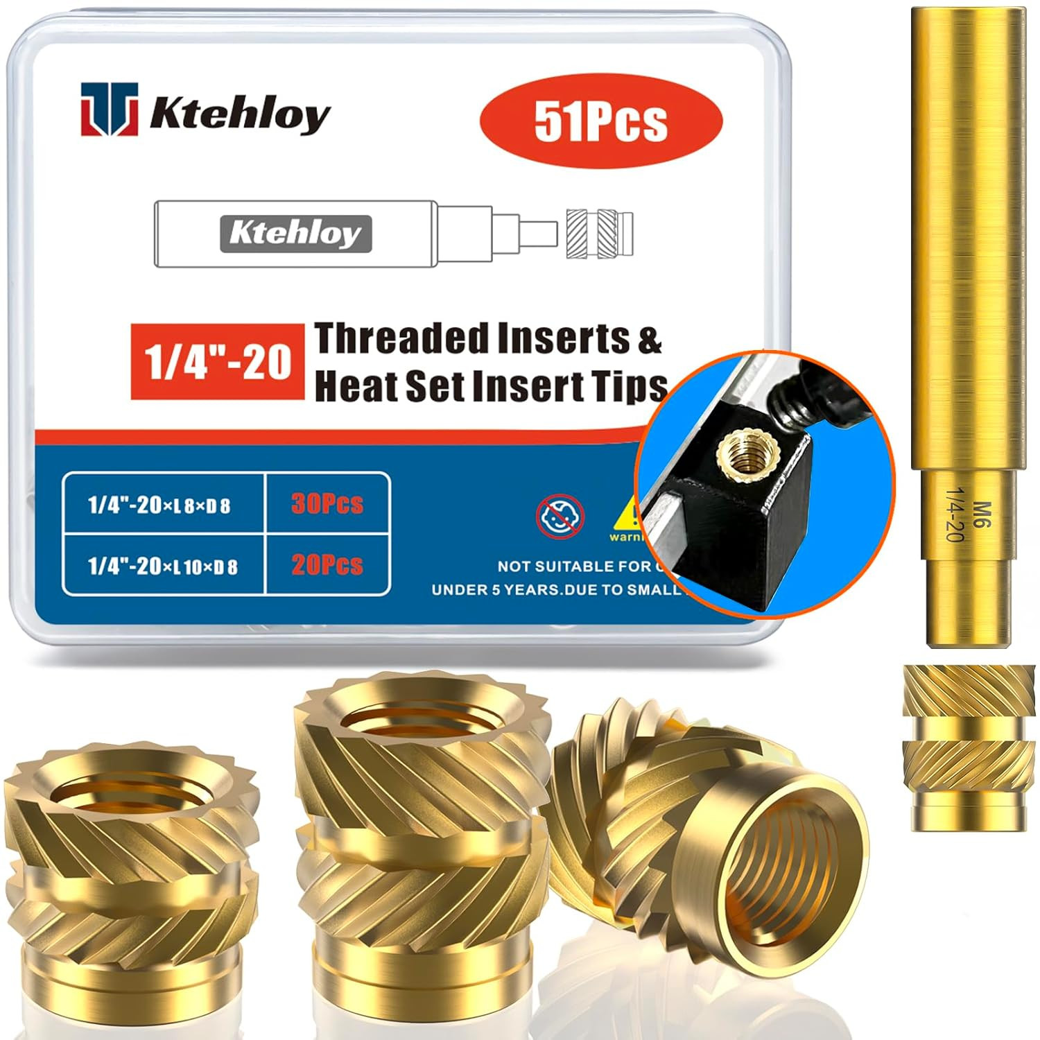 51Pcs 1/4-20 Brass Threaded Inserts Kit Heat Set for Plastic 3D Print
