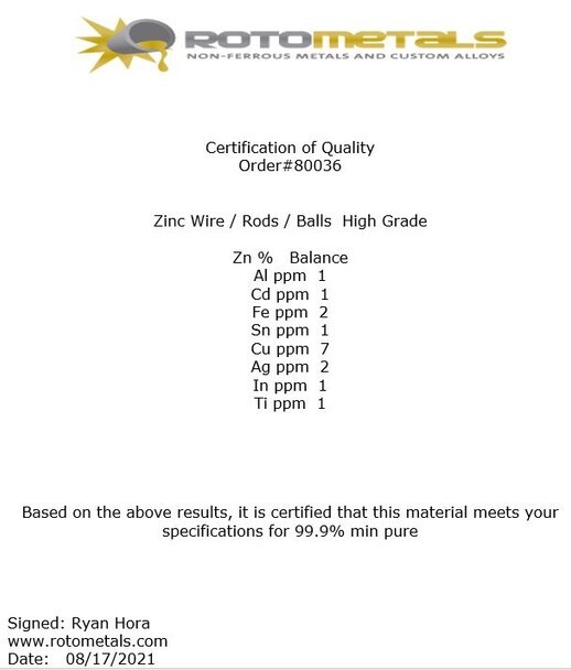 Zinc Wire 99.9% Pure.125 inch Diameter 99.9%