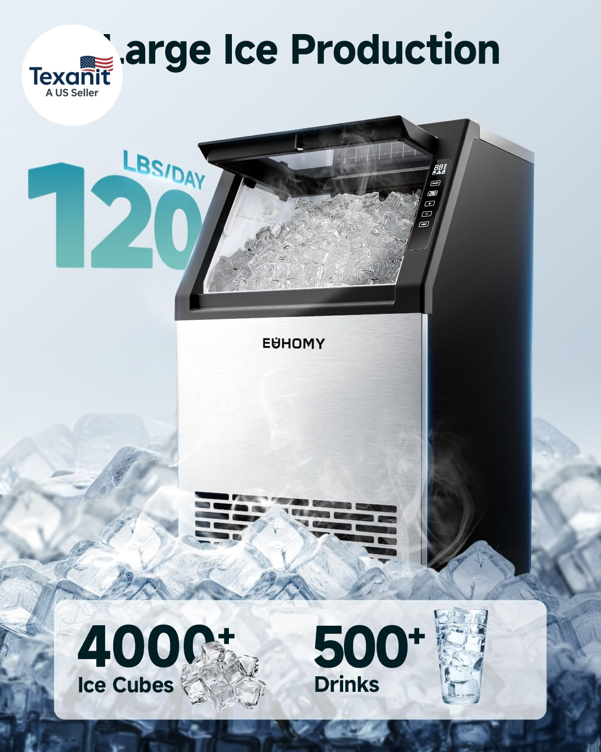 Commercial Ice Maker Machine,120Lbs/24H Stainless Steel under Counter Ice Machin
