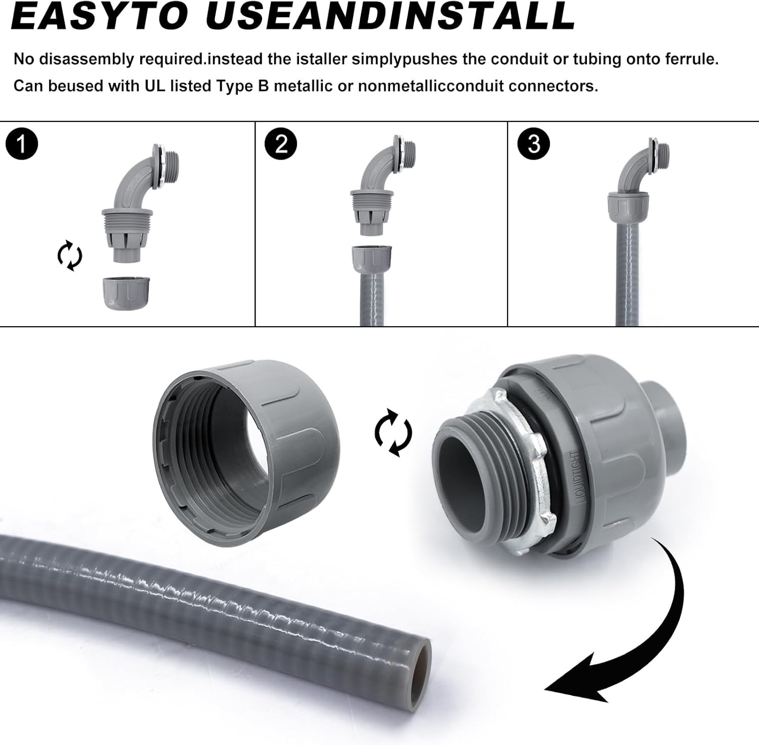 1 Inch Liquid Tight Connector PVC Flexible Conduit Connector, 180 Degree and 90