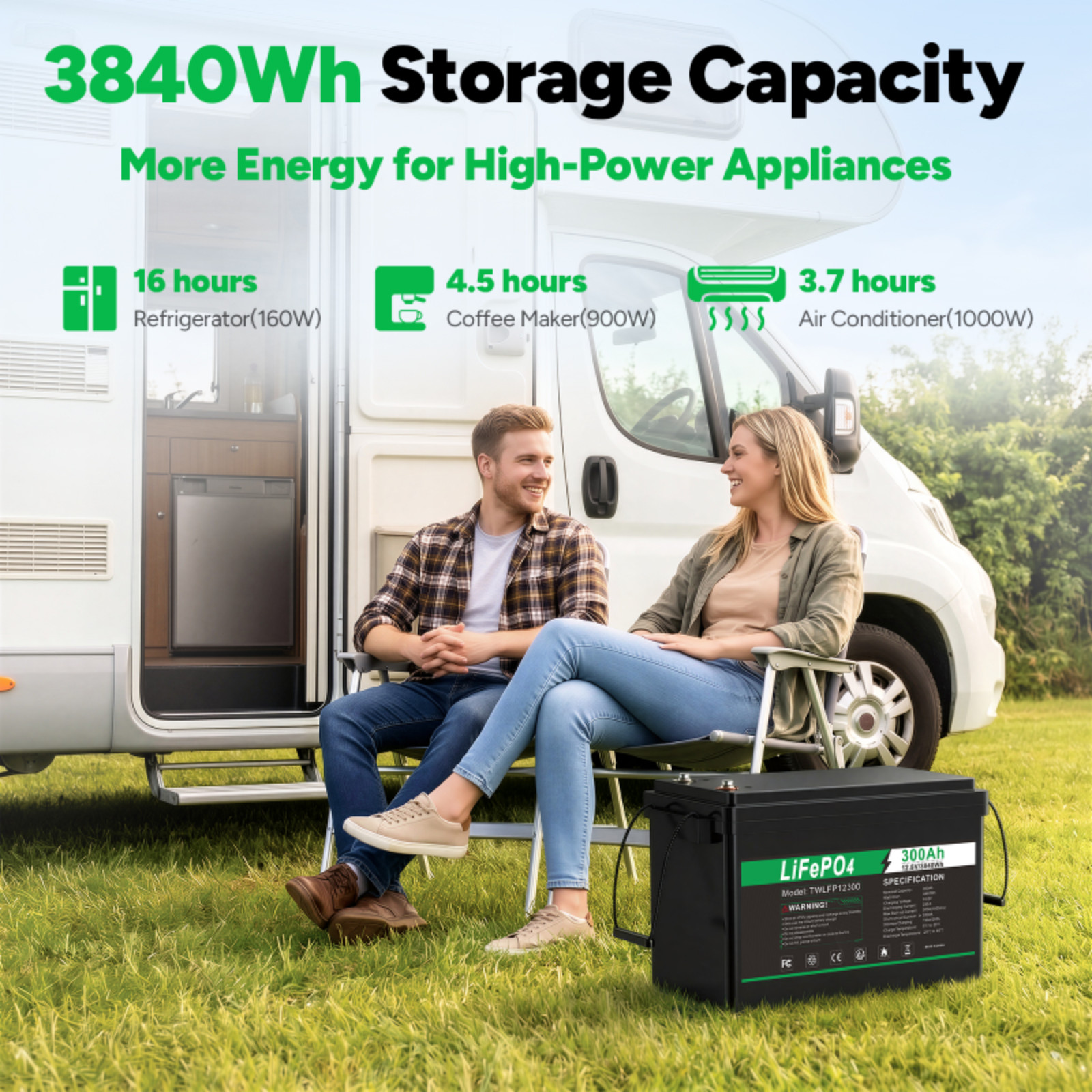 12V 300Ah LiFePO4 Lithium Battery Deep Cycle Built-in BMS for Solar RV Off-Grid