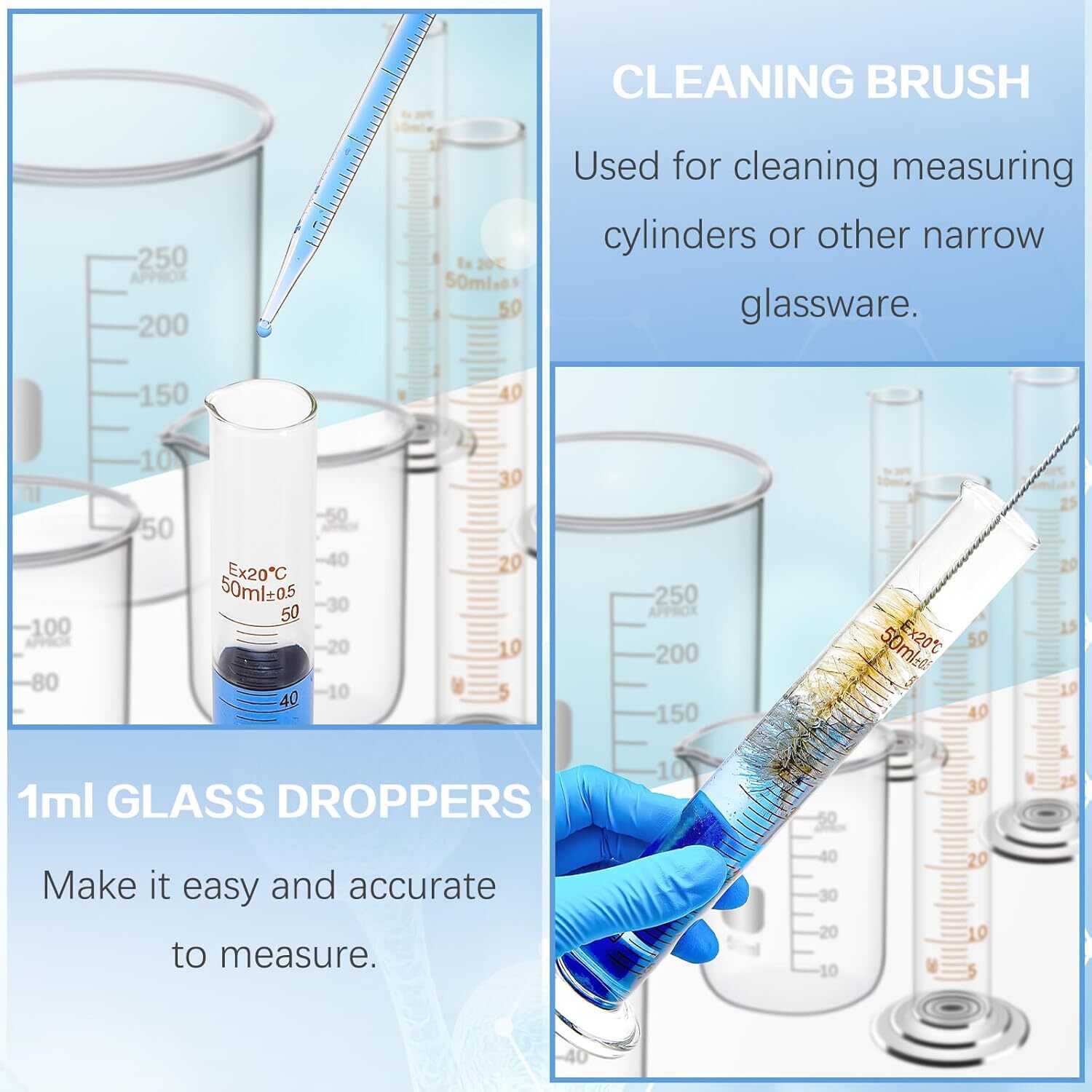 11Pcs Glass Beaker Set 50/100/250 ml Glass Graduated Cylinder 5/10/25/50 ml