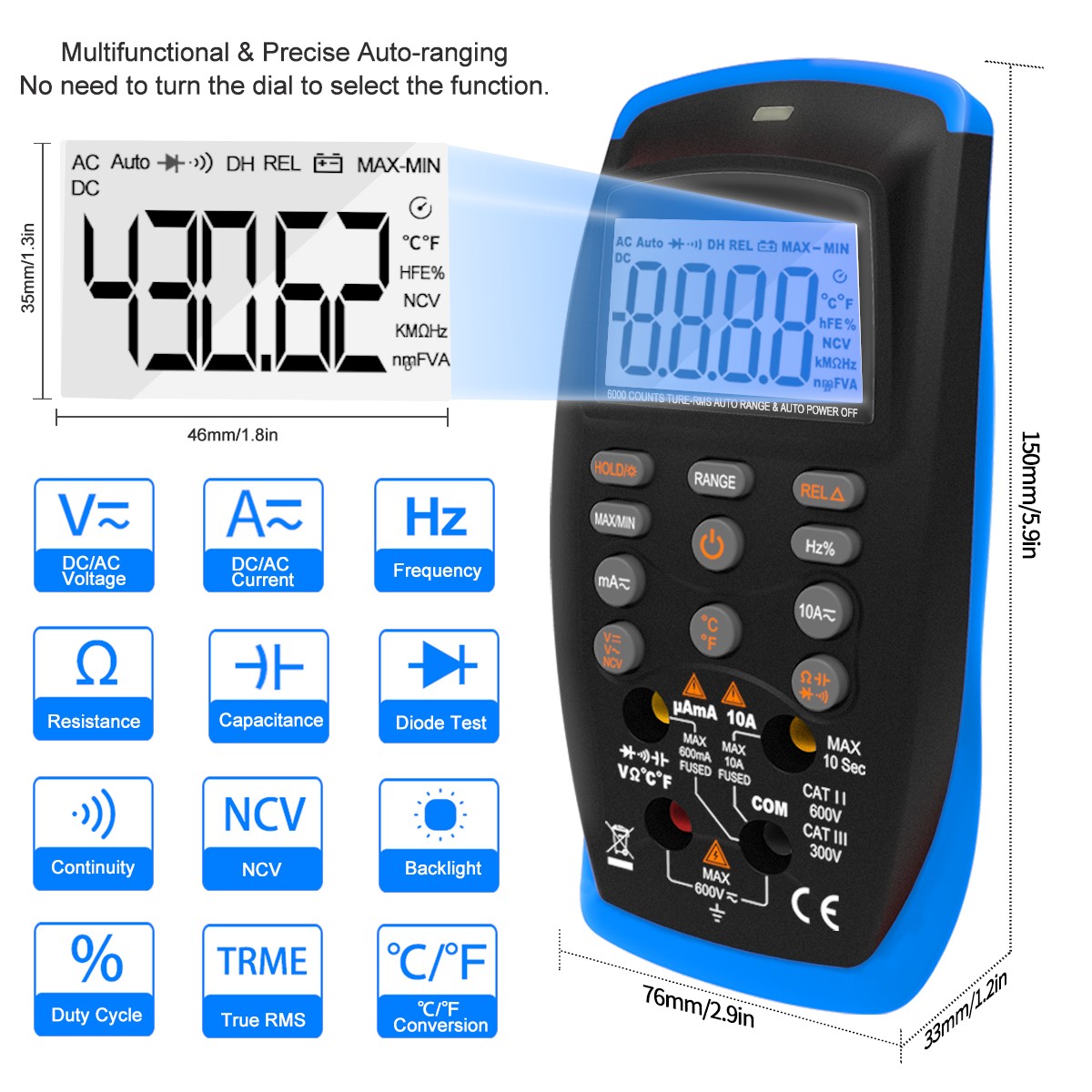 HoldPeak Auto-ranging Digital Multimeter True RMS NCV Voltage Capacitance Tester