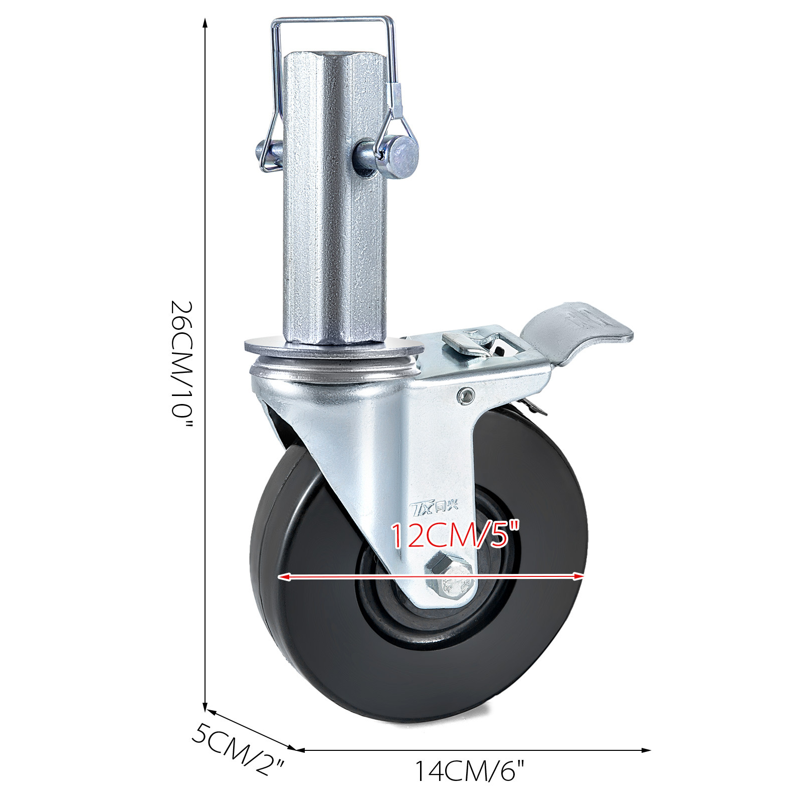 5″ Scaffolding Casters Hard Rubber Wheels w/ Lock Brake 1.25″ Square Shank 4 PCS