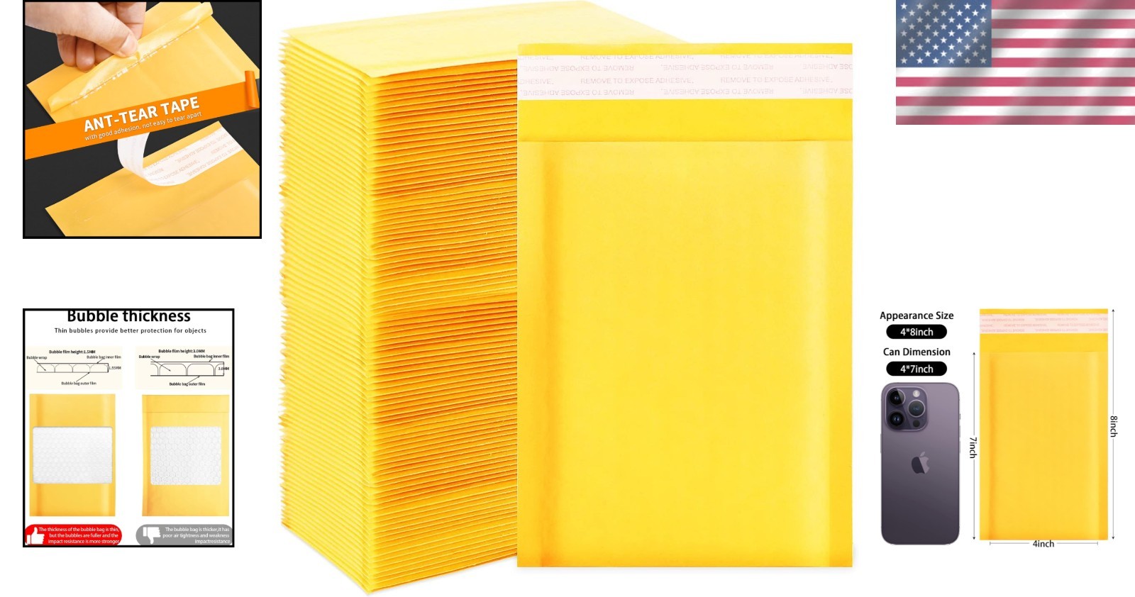 Kraft Bubble Mailers 4×7 Inches, 100 Pack – Self-Sealing Yellow Shipping Bags
