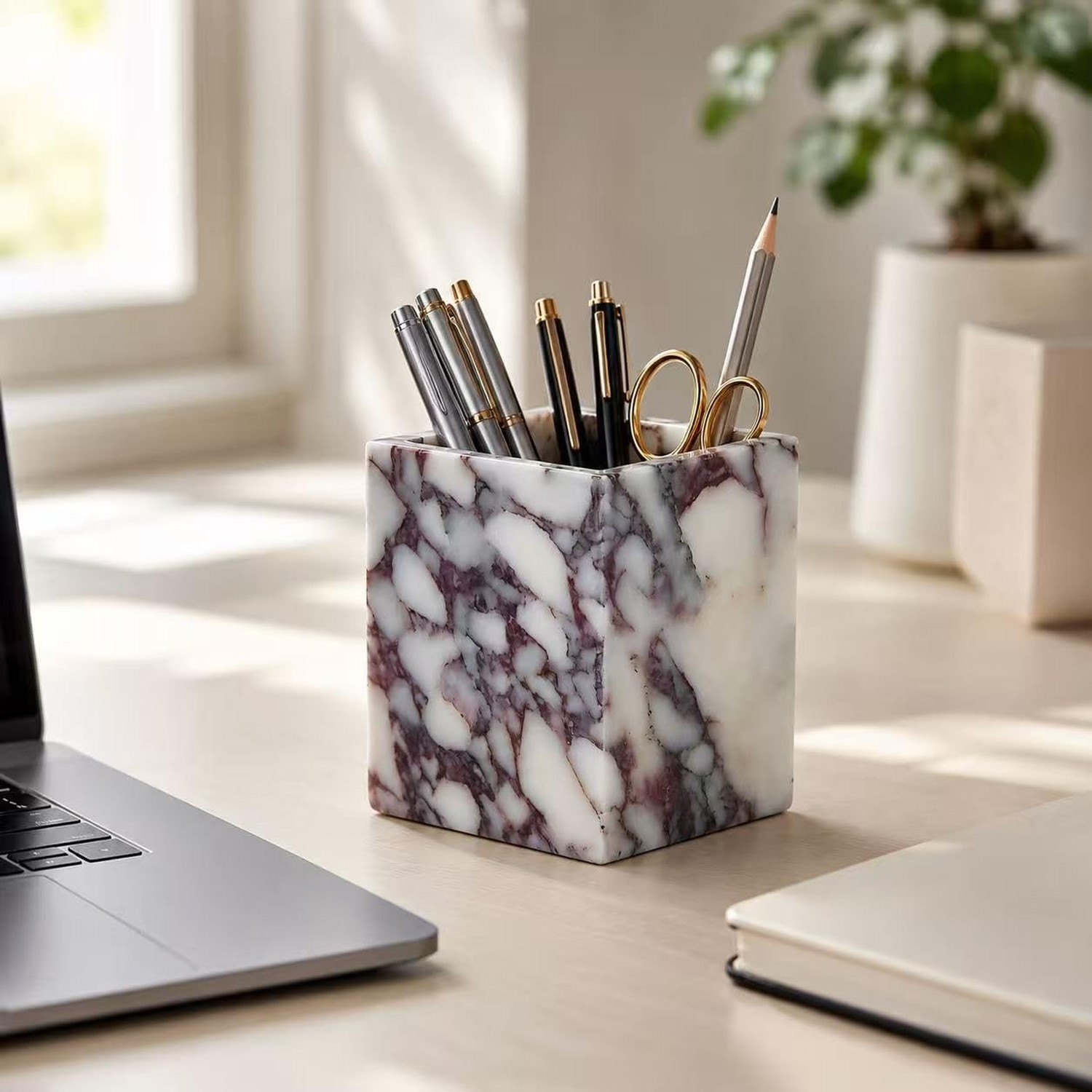 Marble Pen Holder, 3.19 in Square Pencil Cup | Natural marble pencil cup for …