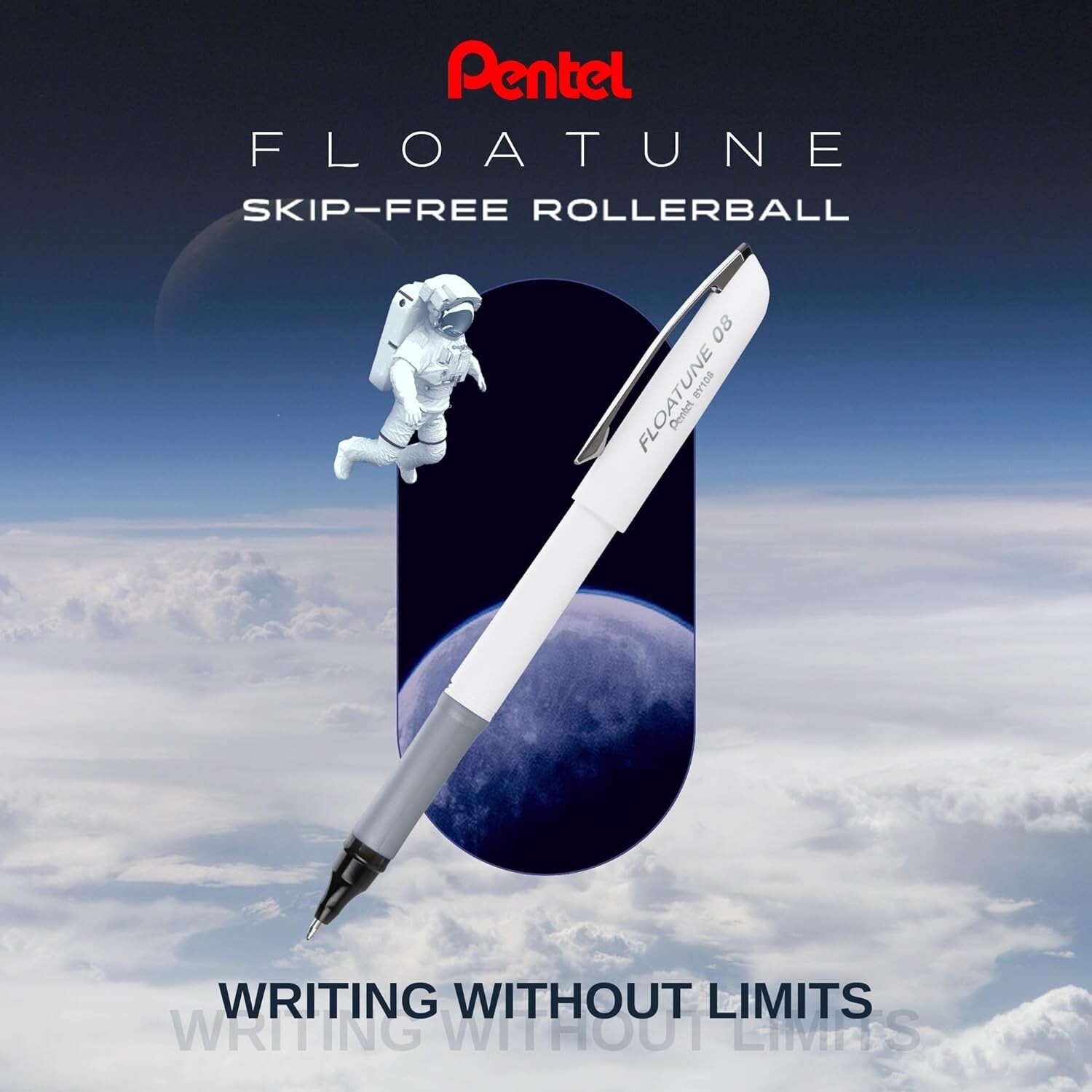 Pentel Floatune Skip Free Rollerball, 0.8mm Med point, Black Ink, Pack of 8 pens
