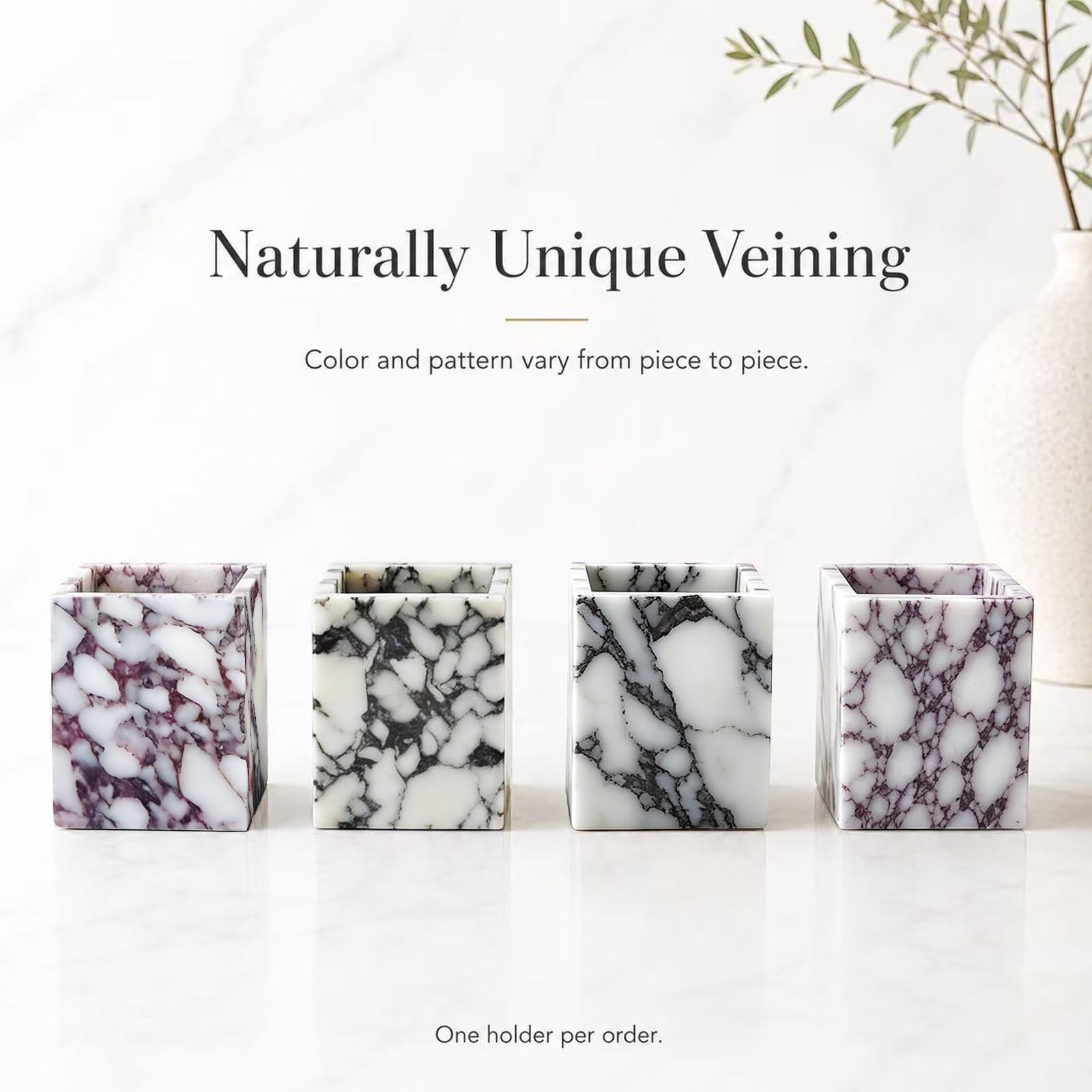 Marble Pen Holder, 3.19 in Square Pencil Cup | Natural marble pencil cup for …