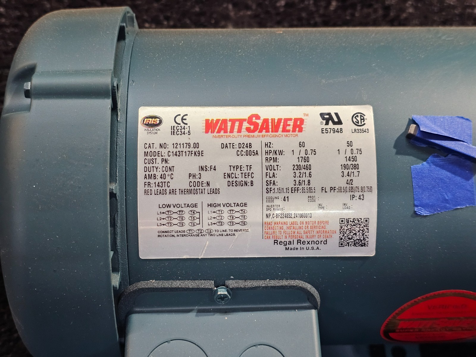 WattSaver 121179.00 Electric Motor C143T17FK9E 3ph 1hp 208-230/460V 1760/1450rpm