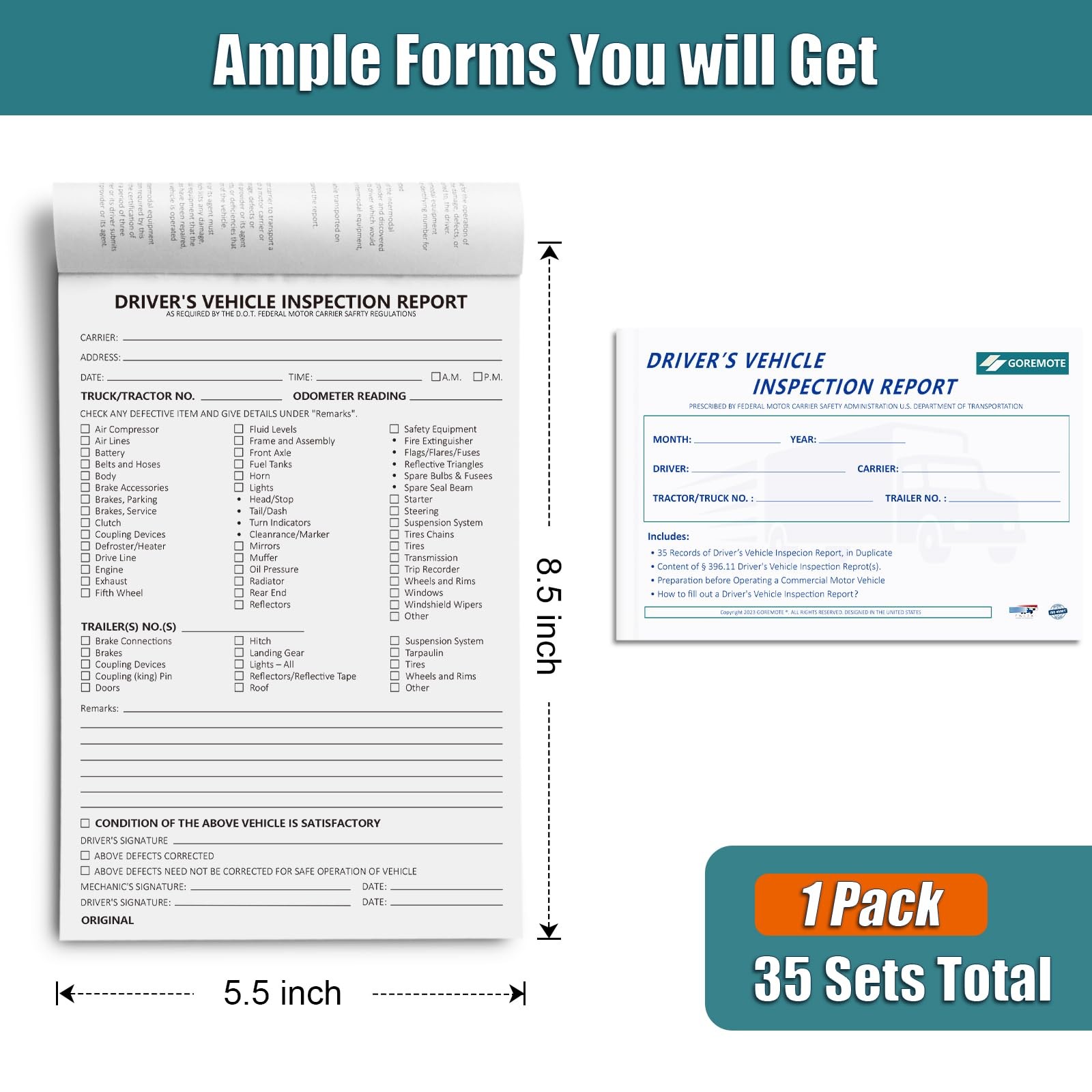 Truck Driver Daily Pre Trip Checklist Log 2Ply Carbonless 35Sets FMCSR Compliant