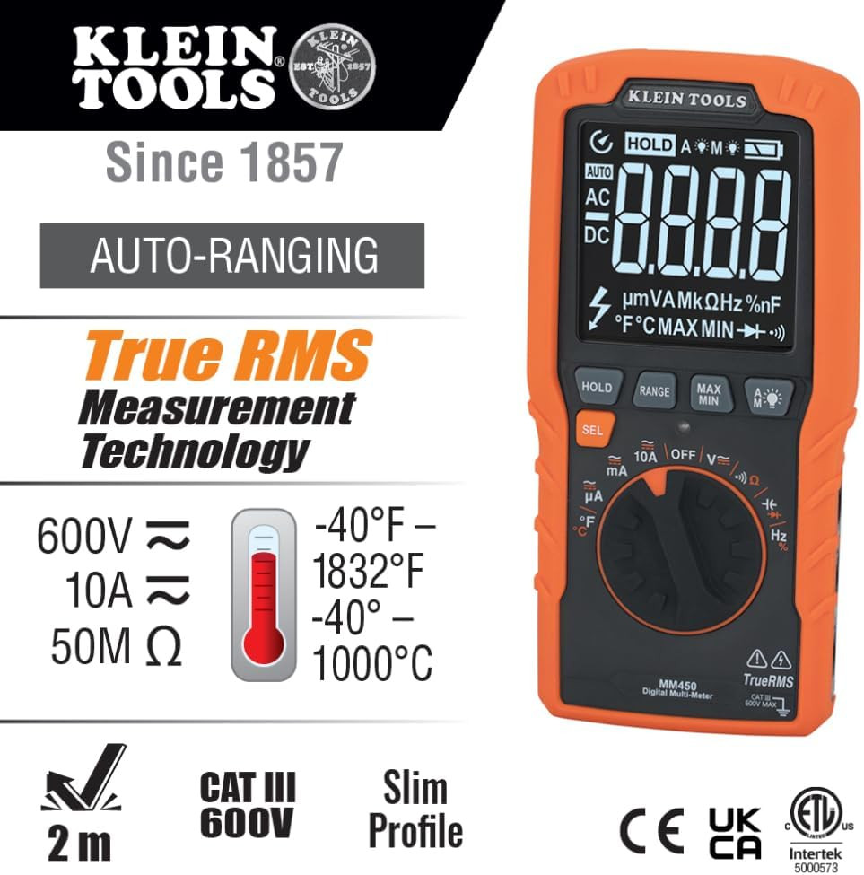 MM450 Slim Digital Multimeter, Reverse Contrast Display with Lead Alert, Auto-Ra