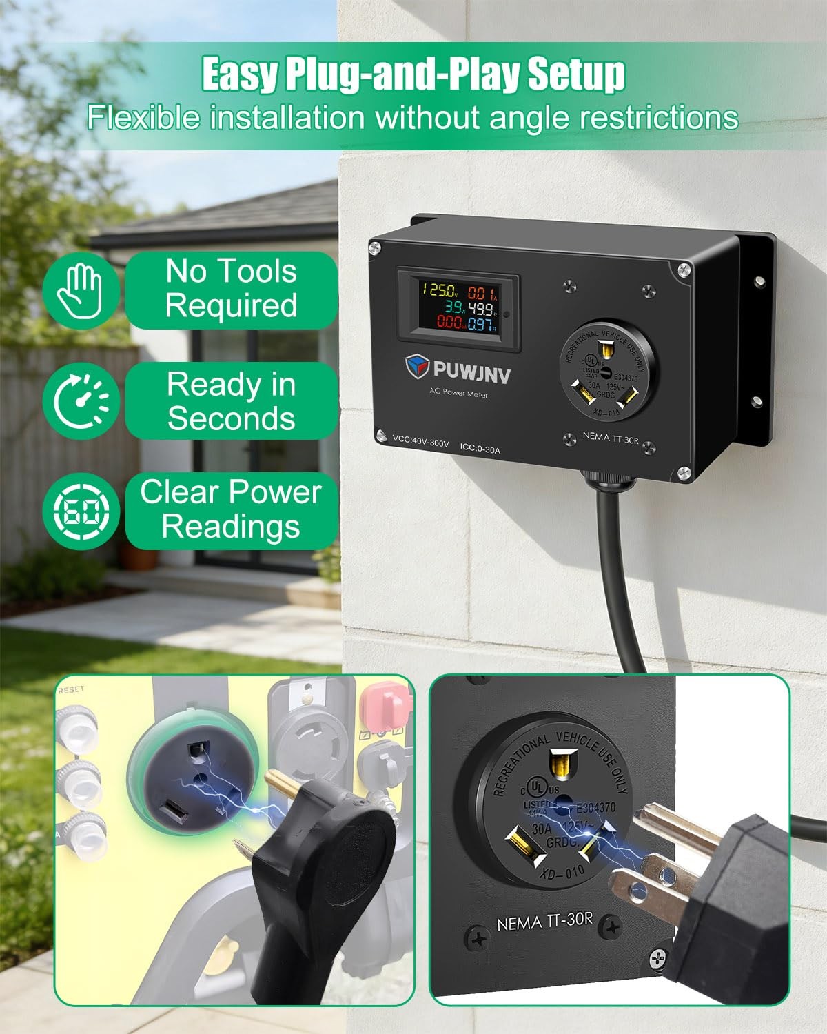 30A RV Power Meter TT-30P to TT-30R LCD Voltage Watt kWh Energy Monitor