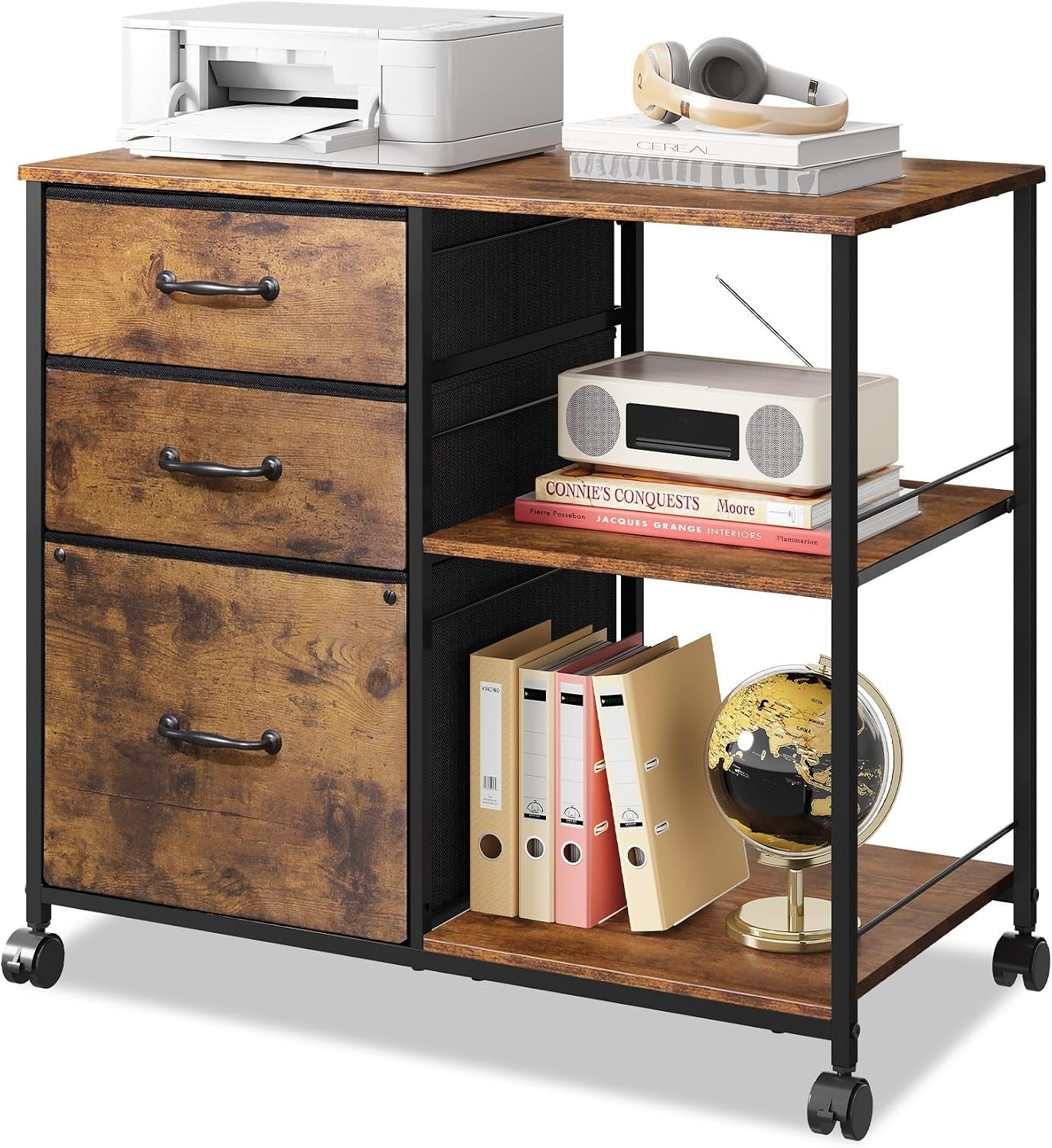 3 Drawer Mobile File Cabinet with Open Storage Shelf | Rolling Printer Stand, Fa