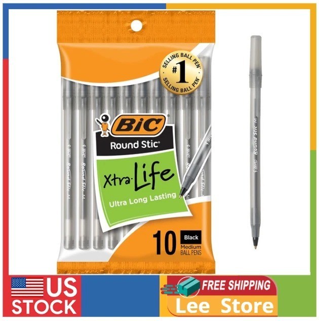 BIC Round Stic Xtra Life Black Ballpoint Pens, Medium Point (1.0mm), 10-Count