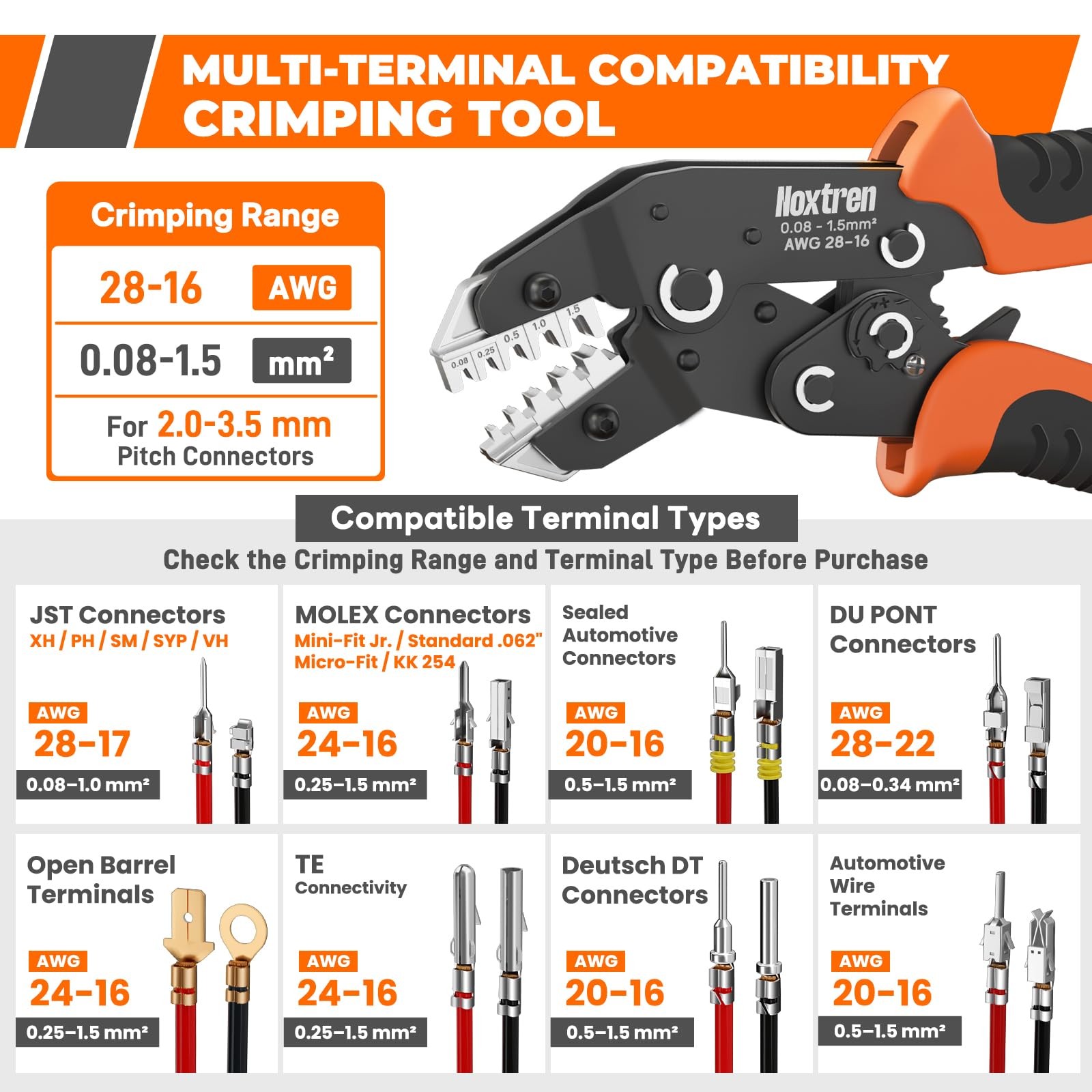 Noxtren 5-in-1 Wire Crimping Tool, AWG 28–16 Ratcheting Pin Orange, Black