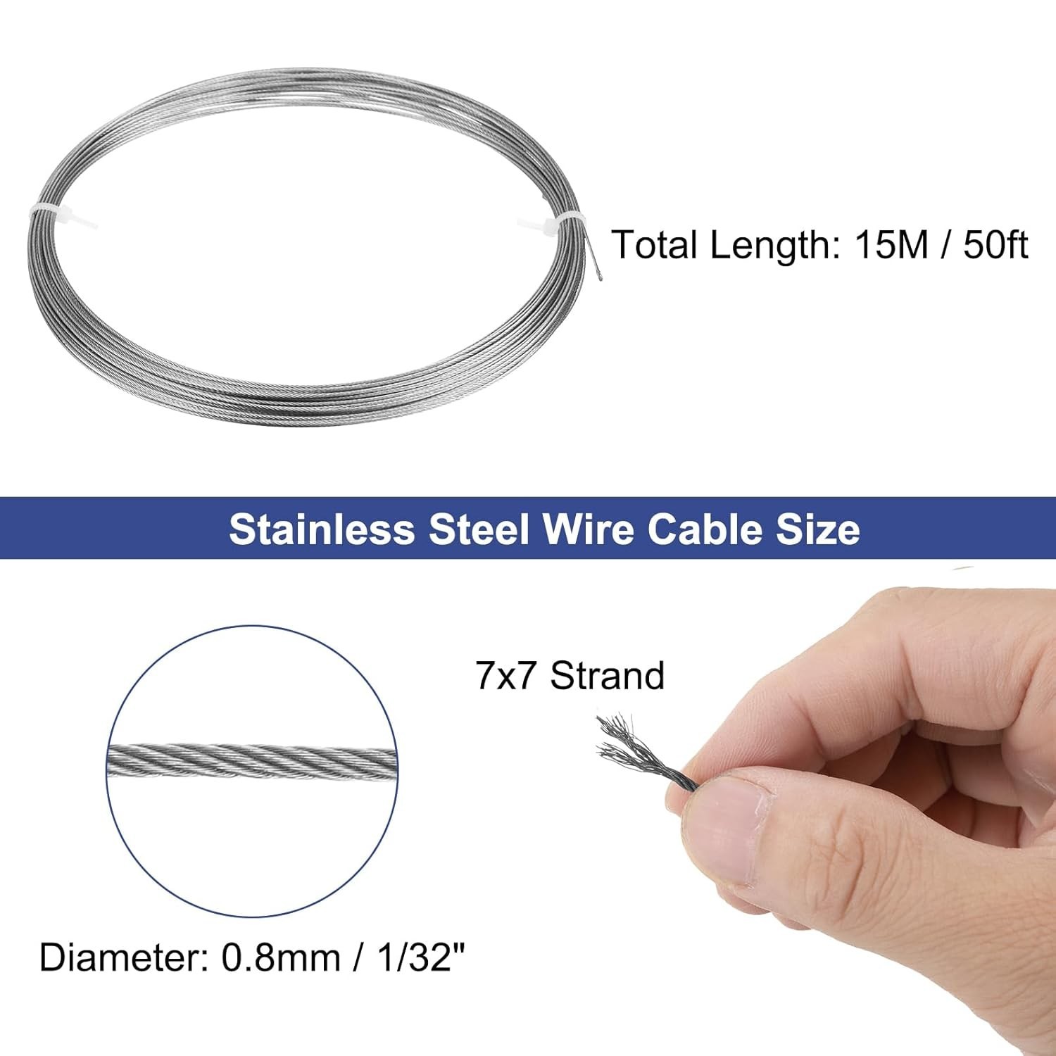 1/32″0.8mm 304 Stainless Steel Cable Wire Rope 7×7 Strands Core 50ft 15M Airc…