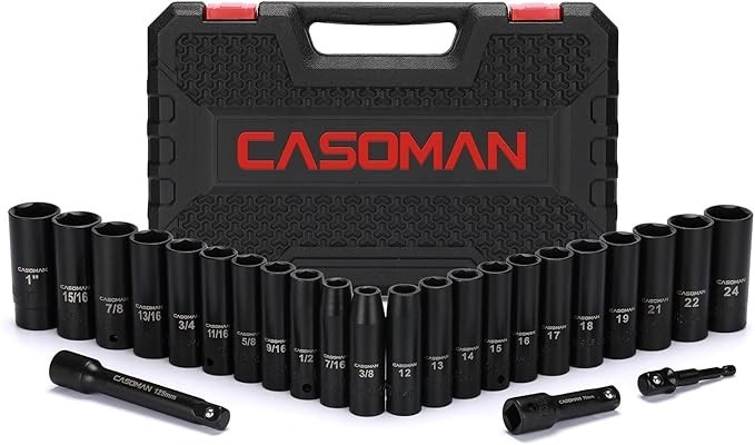 25PCS 1/2″ Drive Impact Socket Set, Deep, Cr-V Steel, 6 Point, Metric&SAE, 12mm