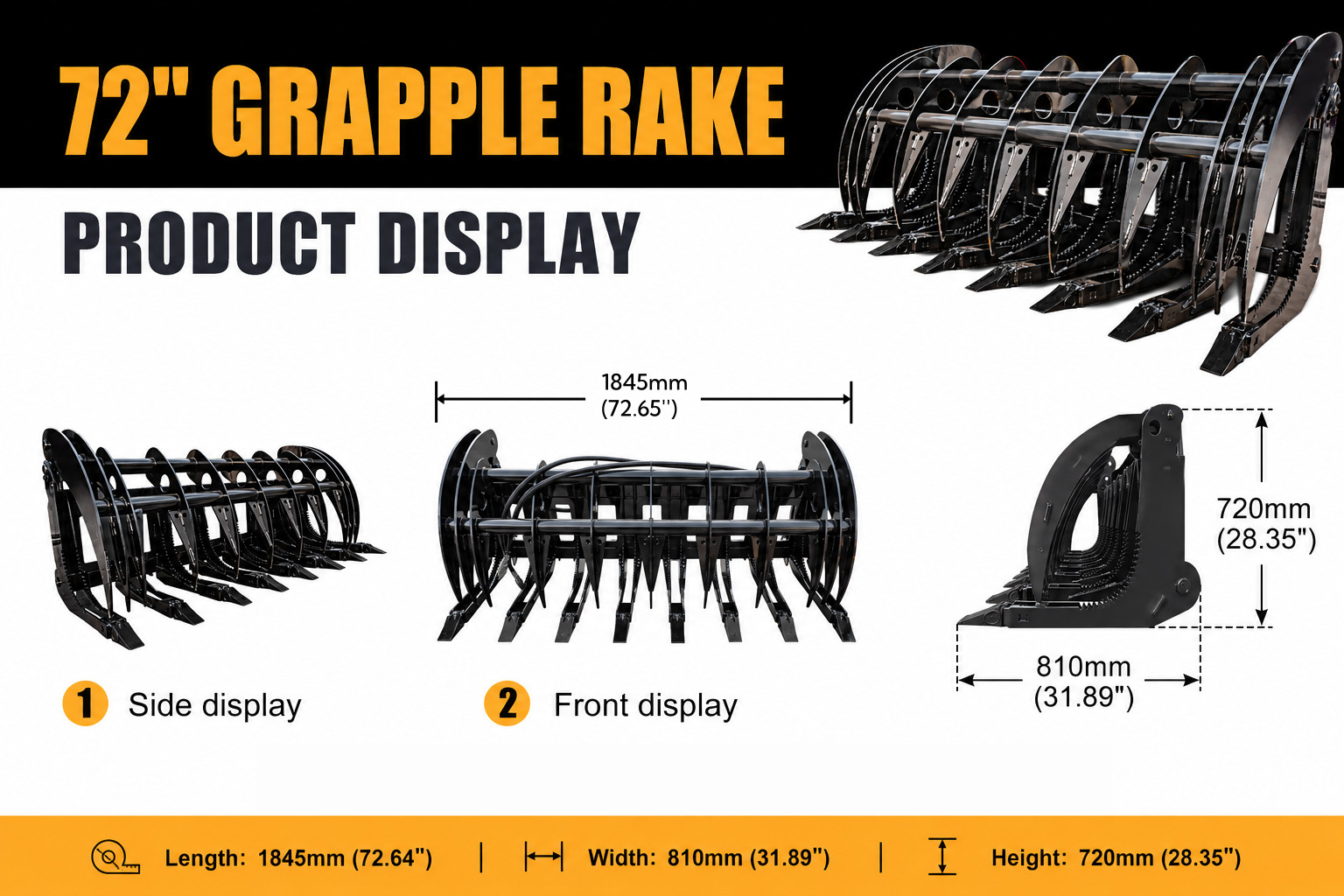 72in Root Rake Skid Steer Grapple Attachment Fits Bobcat Skid Steer Quick Attach