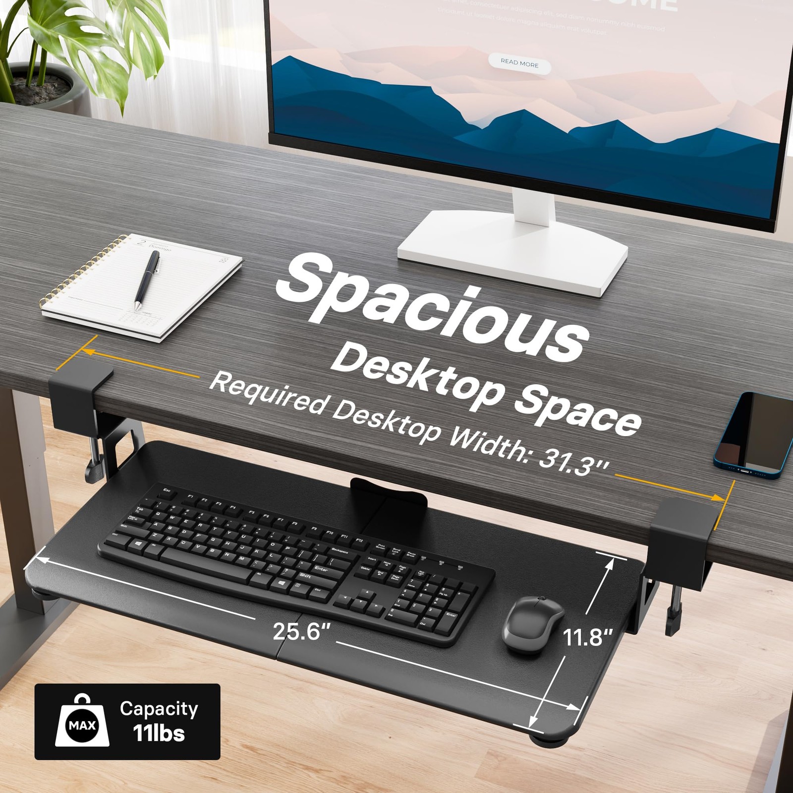 BONTEC Under Desk Keyboard Tray 25.6×11.8in Pull Out Drawer C-Clamp Mount Black