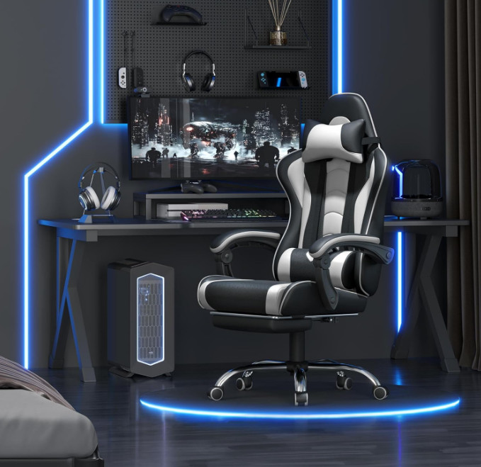 Silla gamer ergonómica con masaje lumbar, reposapiés y altura ajustable, Nuevo