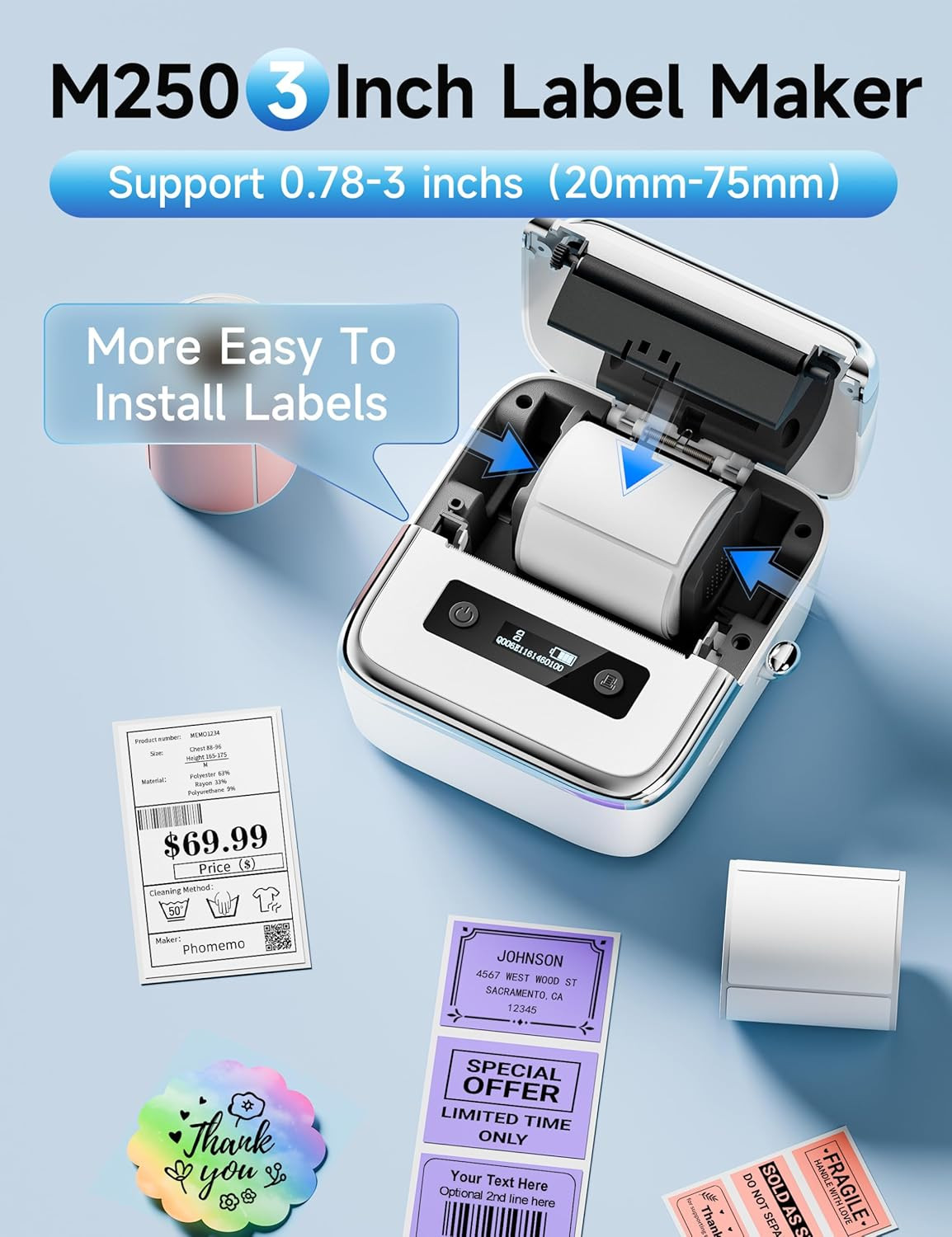 M250 3 Inch Label Maker Machine with Tape | Label Printer for Address