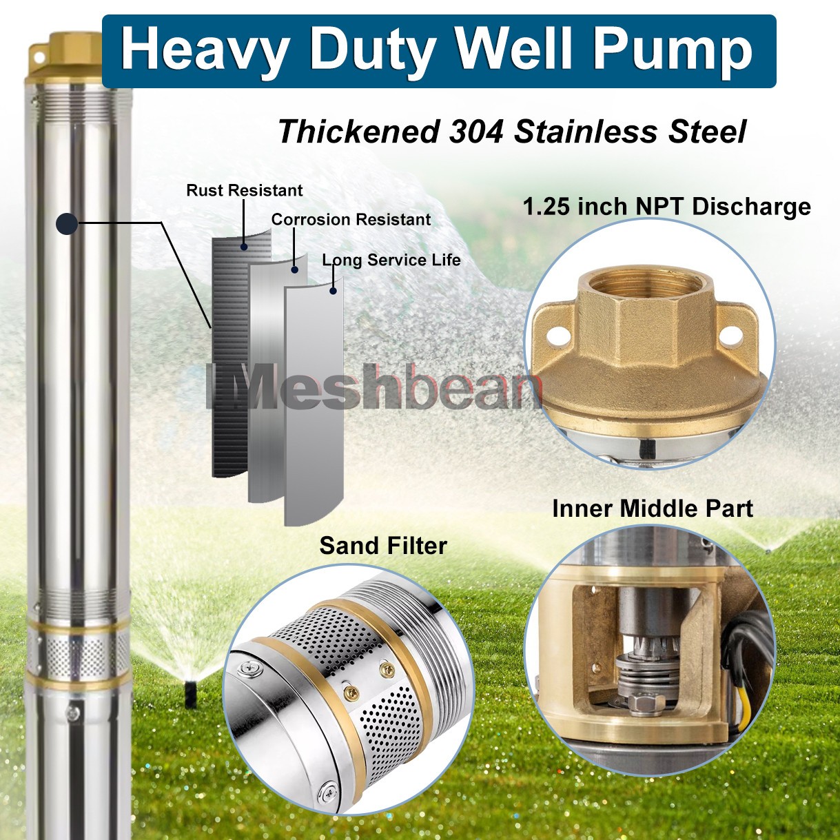 1/2 HP 4″ Deep Well Submersible Pump, 110V, 60Hz, 25GPM, 150 ft Max,33ft Cord