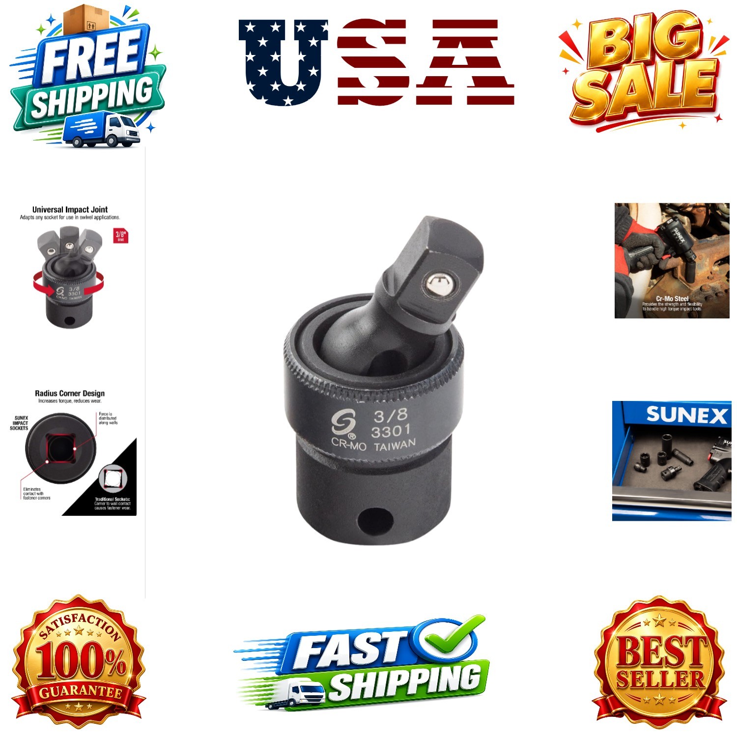 3301, 3/8 Inch Drive, Universal Impact Joint, Cr-Mo Alloy Steel, Cr-Mo Steel,…