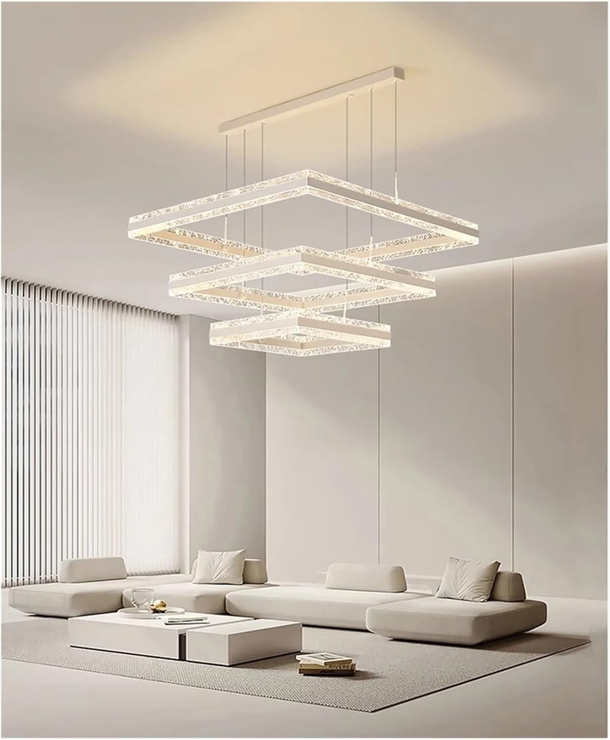 3-Ring Square LED Chandelier Modern Ceiling Light Remote Dimmable Fixture