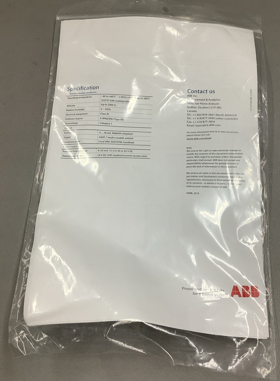 ABB LLT100.AIAH10L5 Laser Level Transmitter 2″ 15.5-42VDC (R45)