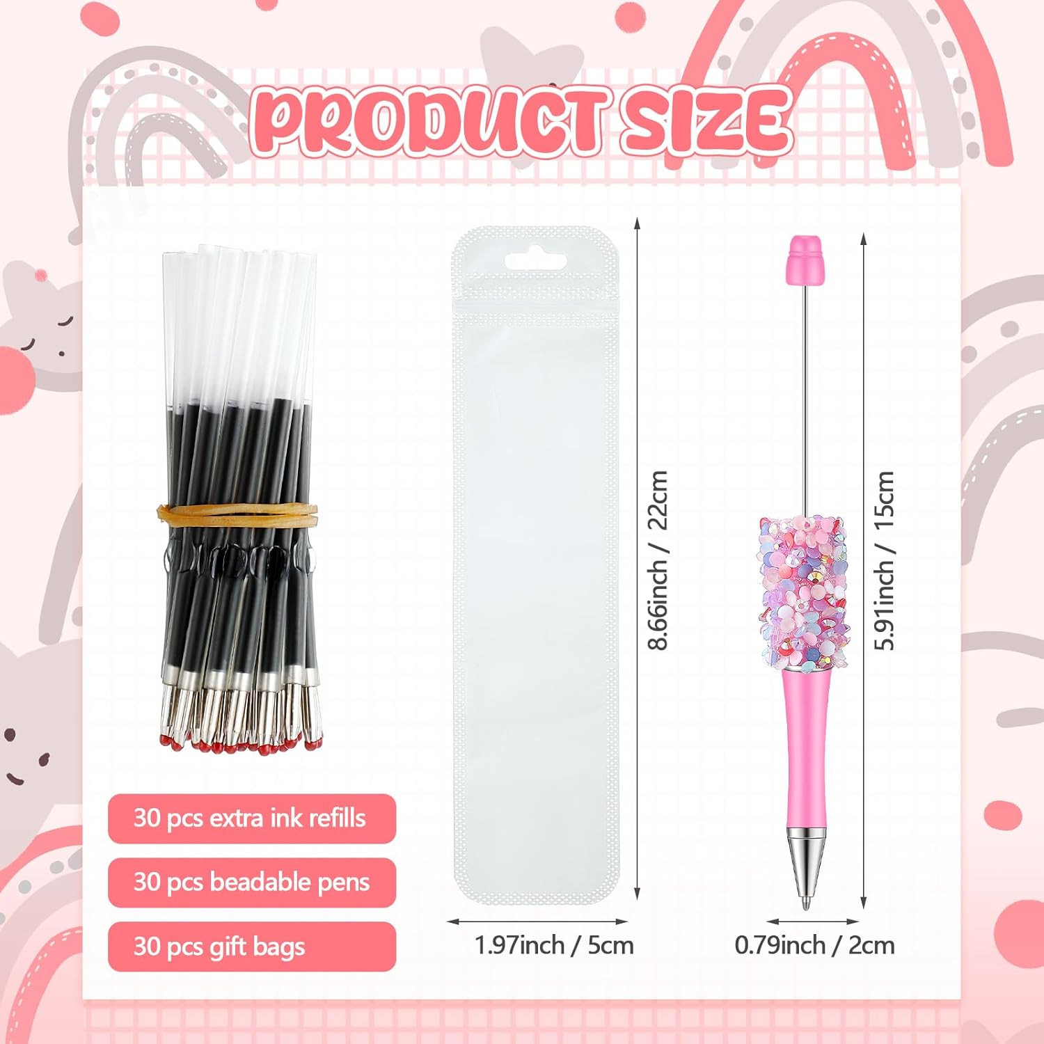 90 Pieces DIY Beadable Pens Kit 30 Pcs Plastic Petal Glitter Beaded Pens and Ref