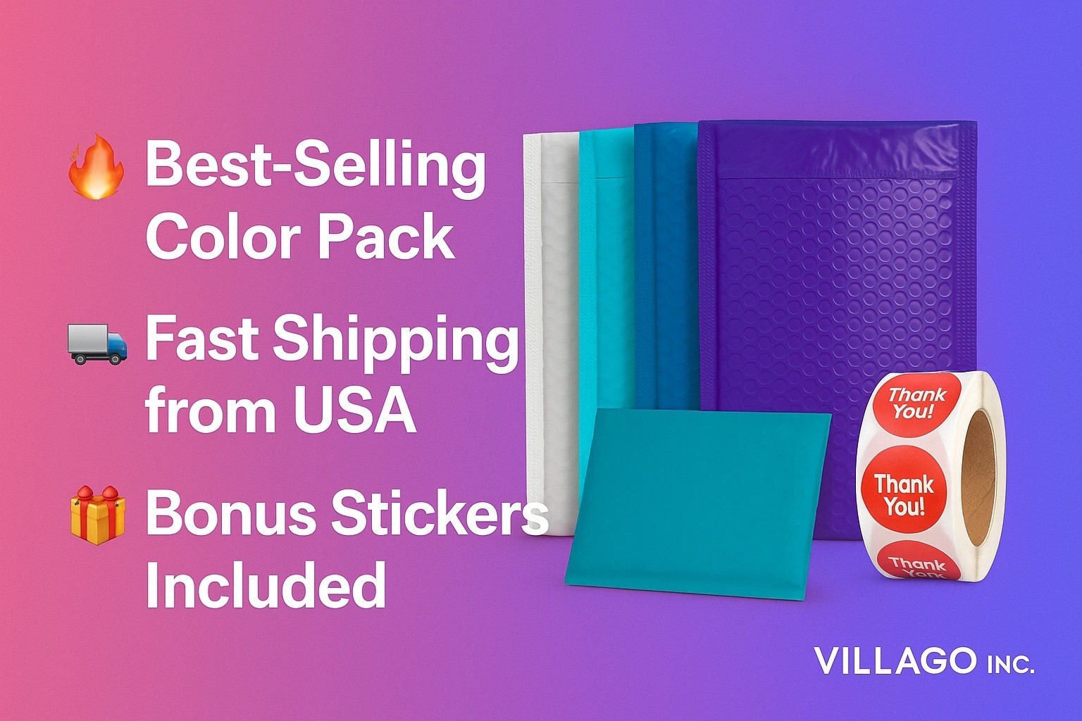 100 4×8 Color Bubble Mailers White Blue Teal Purple + 100 Thank You Stickers