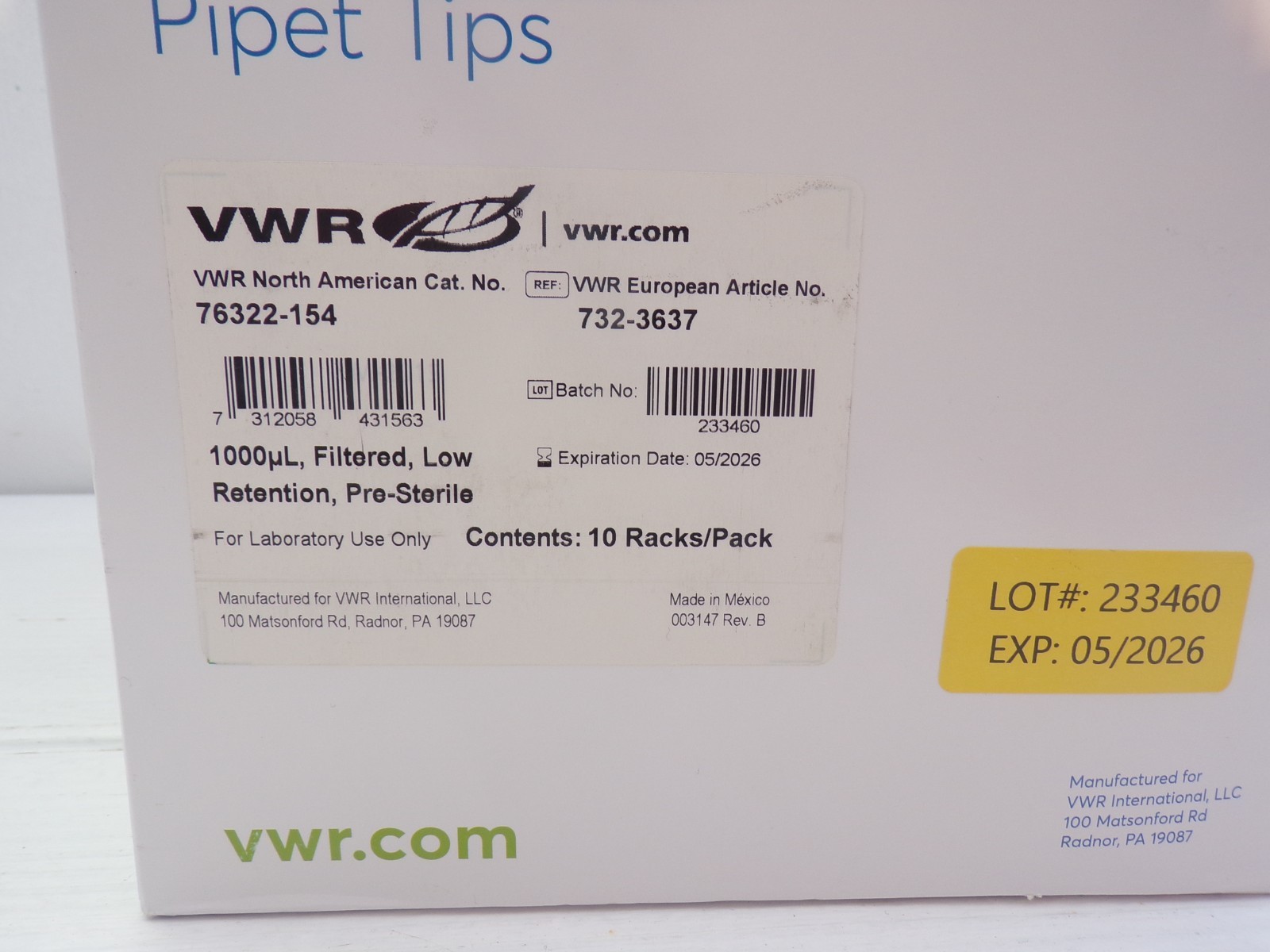 960 VWR Universal Pipet Tips 1000µl Filtered Low Retention Pre-Sterile 76322-154