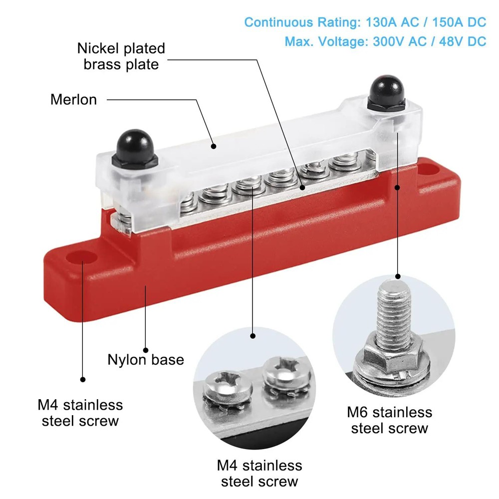 6 Way Bus Bar Power Distribution Terminal 150A Screws Battery Block for Car Boat