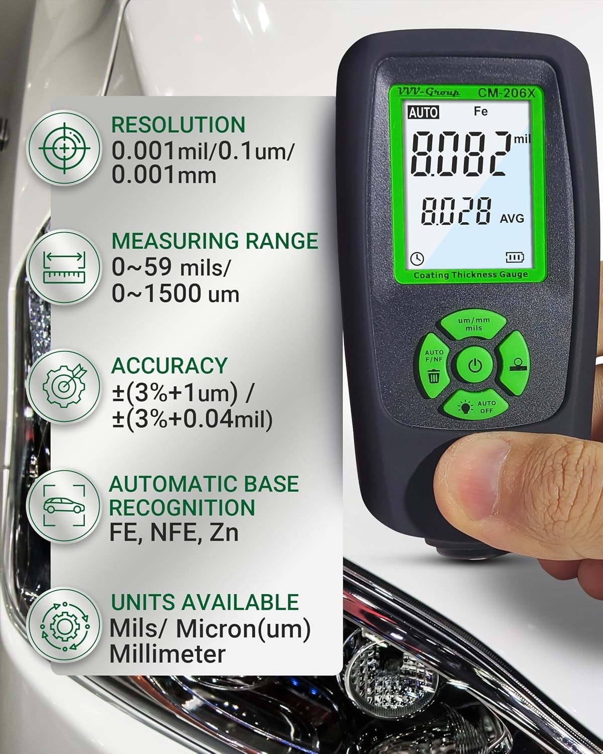 Automotive Paint Thickness Gauge for Coating Measurement with Auto Detection