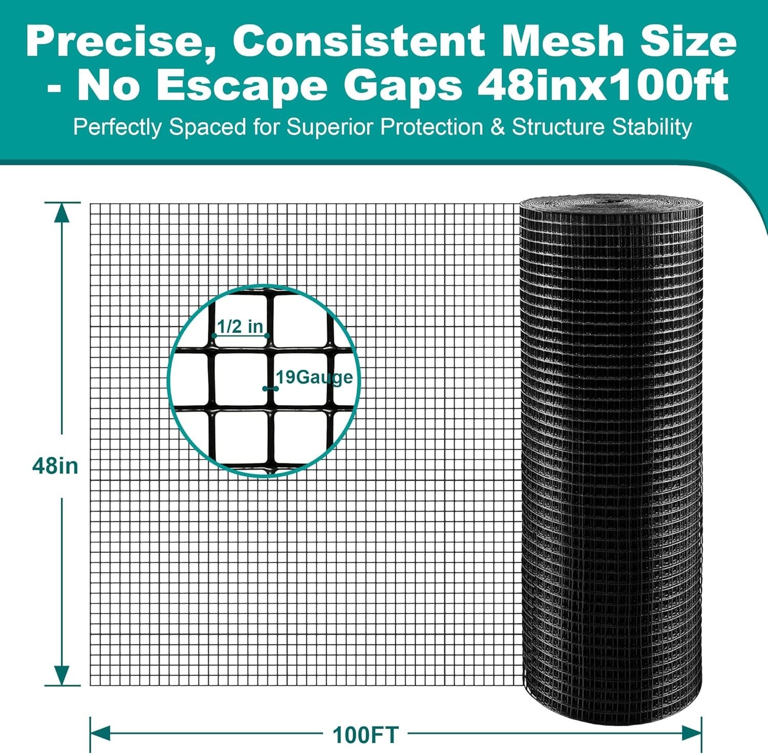 Black Hardware Cloth 1/2in 48in x100ft Vinyl Coated Chicken Wire Fence Mesh Roll