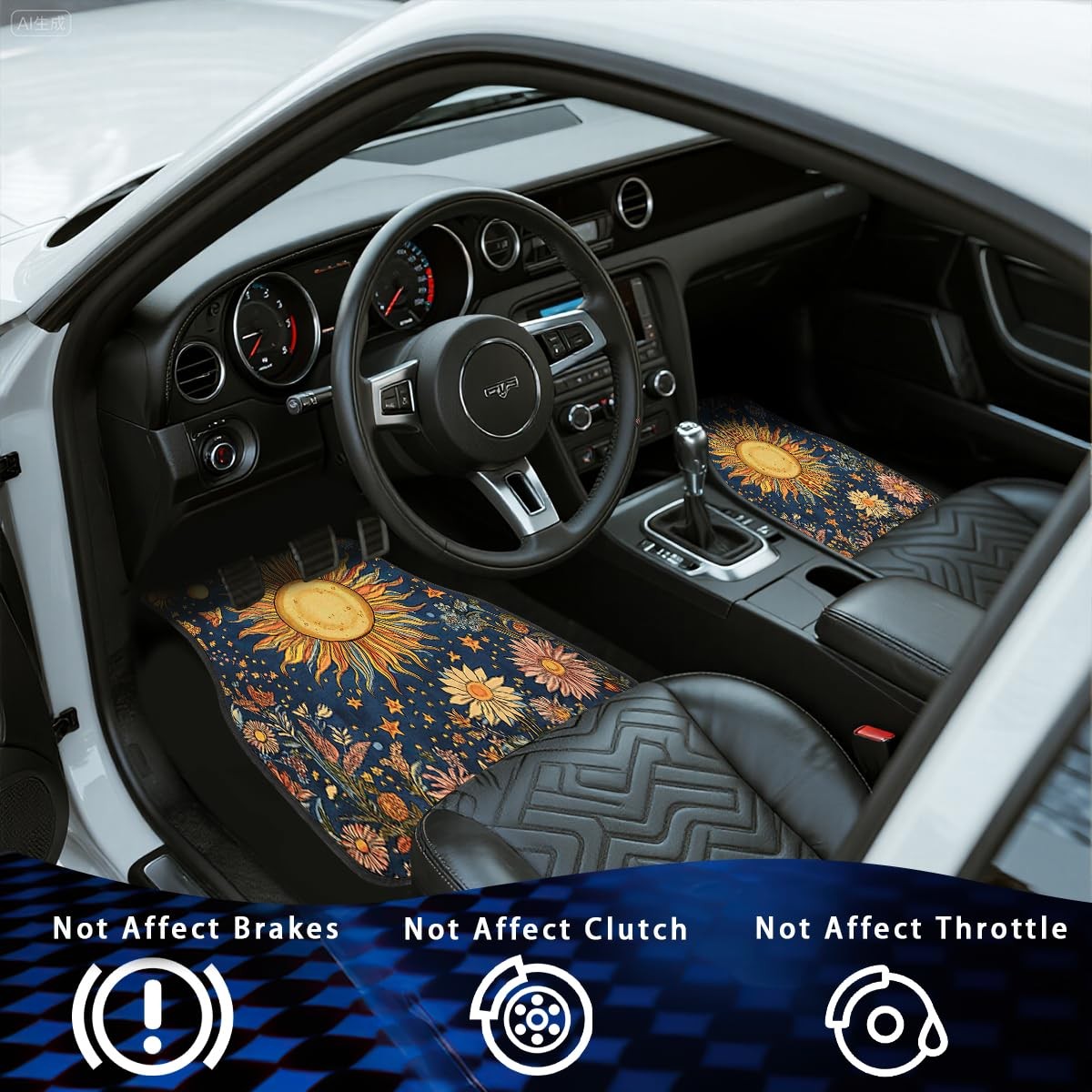 Chhssb Abstract Car Floor Mats Set Of 4 Vintage Sun Moon Star Floral Vibrant