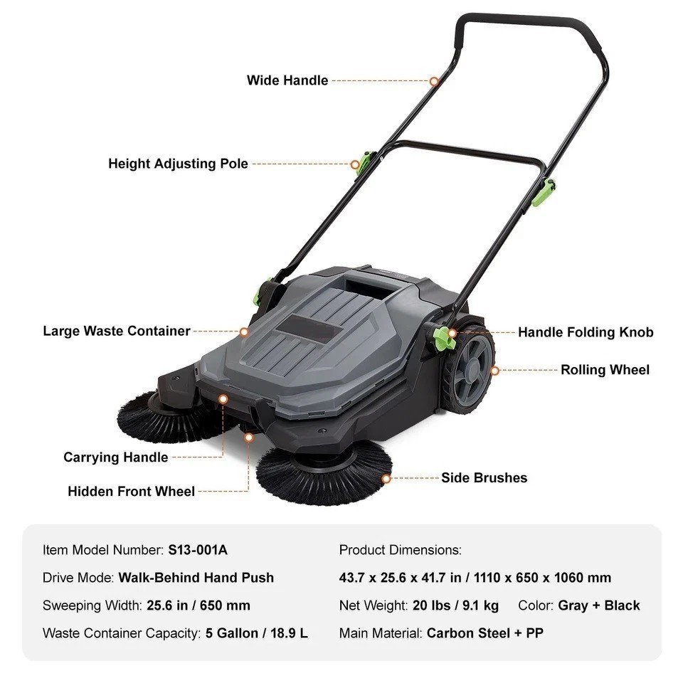 Walk-behind Hand Push Floor Sweeper 25.6″ Width 5 Gallon Waste Container