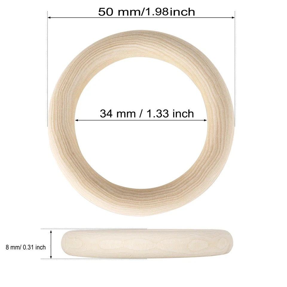 2 Inch Wooden Rings for Craft, 50Pack 50 mm Diameter Unfinished 50mm