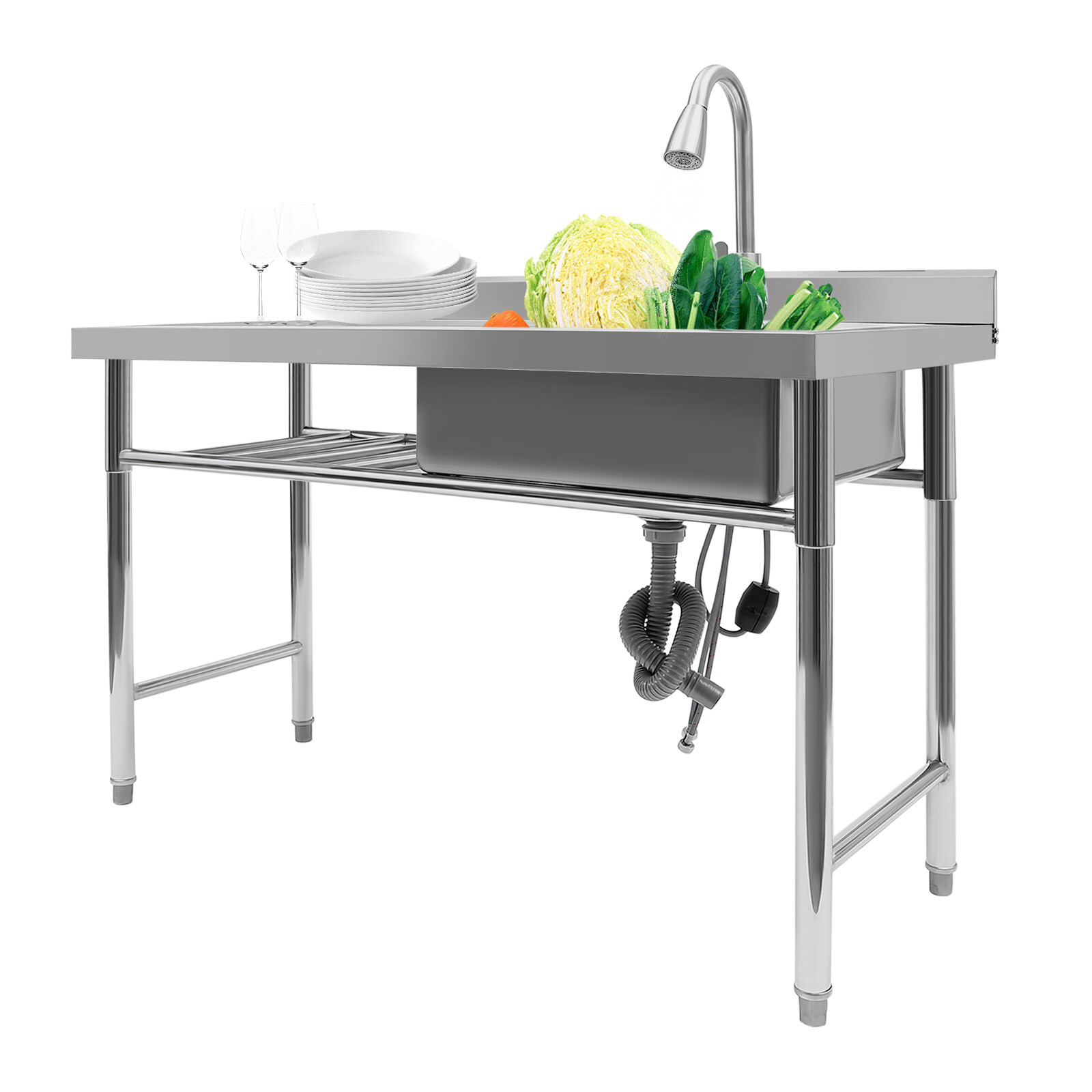 1 Compartment Kitchen Sink Prep Table With 360°Faucet Commercial Stainless Steel