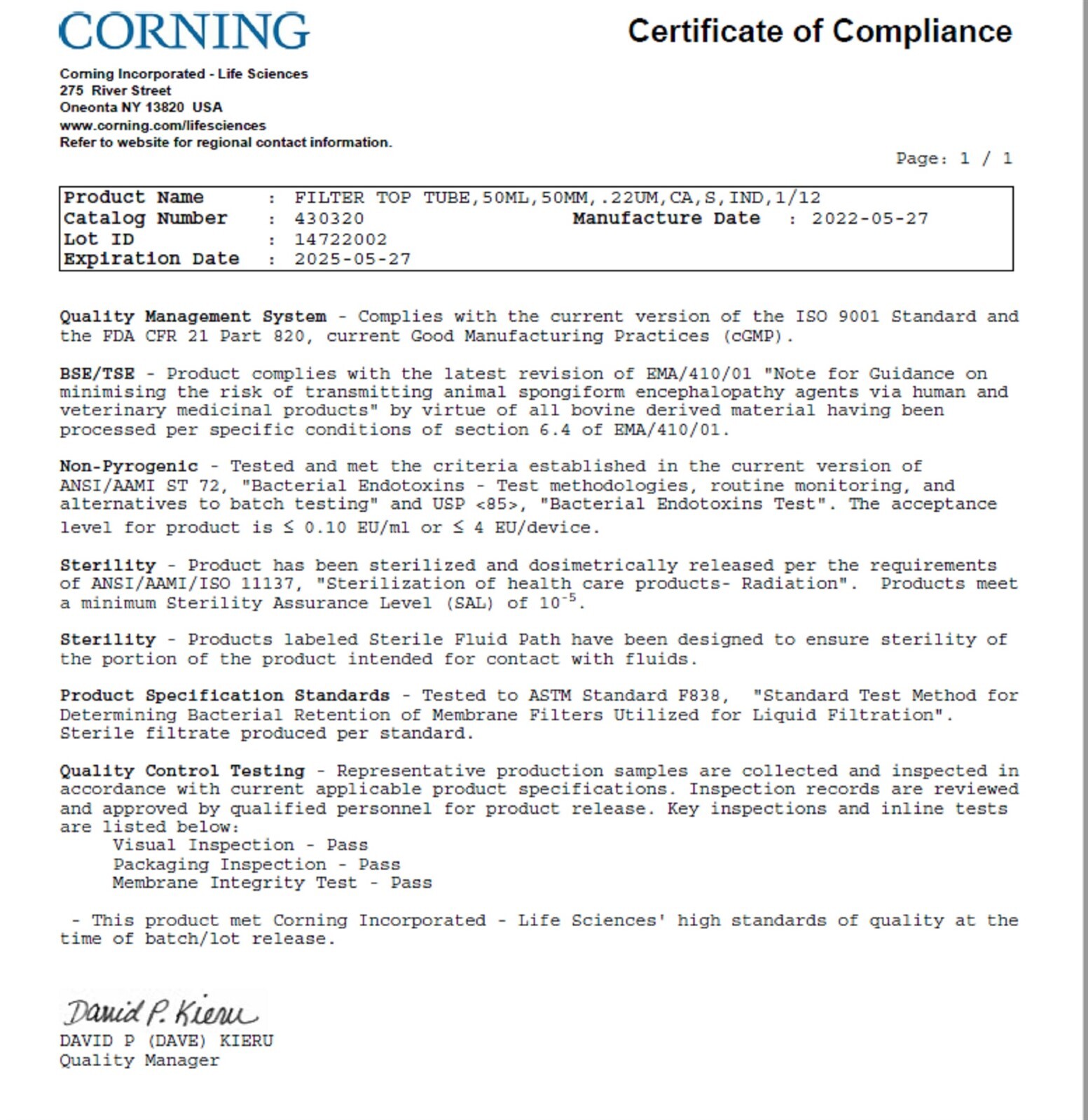 Corning 430320 50 mL Tube Top Vacuum Filter System, 0.22 µm Pore, Sterile, Q=12