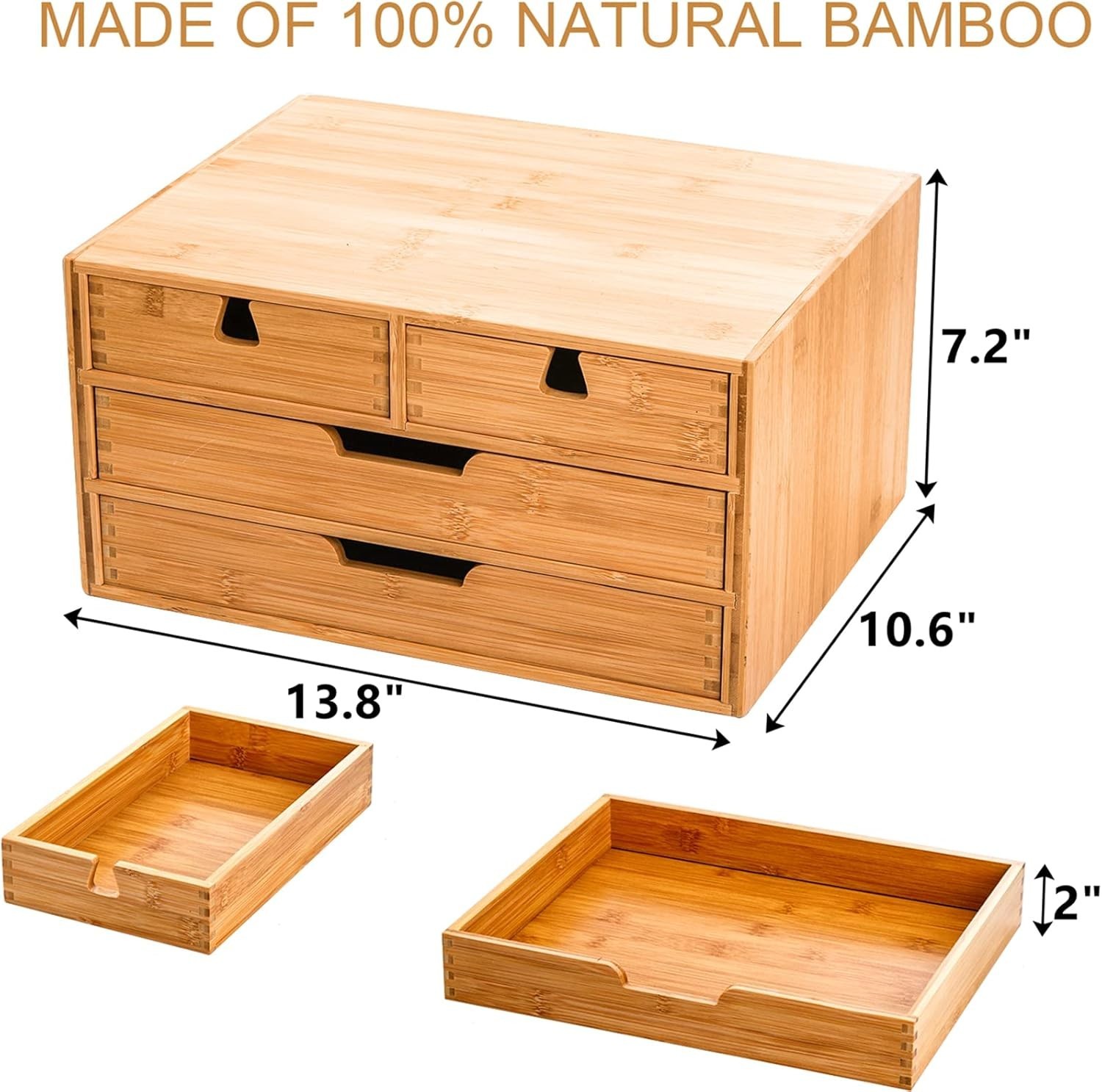 Bamboo Desk Organizer, Natural Bamboo Desktop Storage Box with 4 Drawers