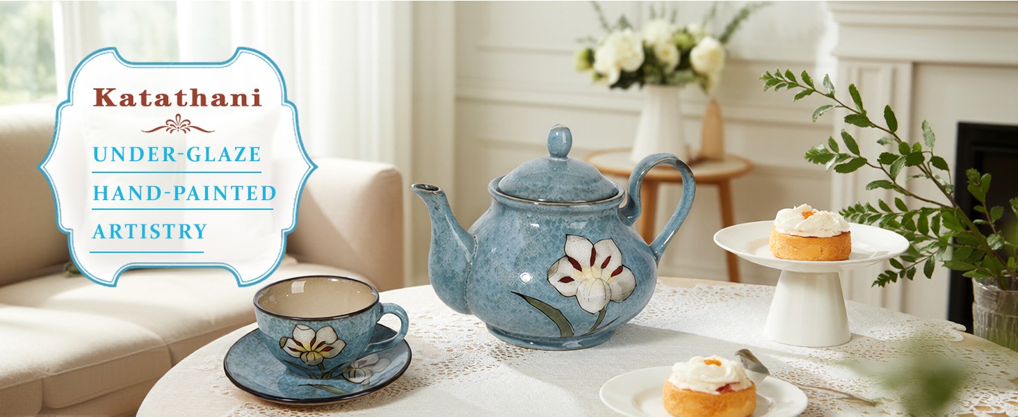 Ceramic Teapot 30 oz, Under-Glaze Hand-Painted Porcelain Tea Pot for Blooming