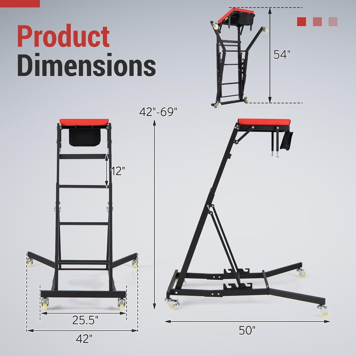 Foldable Topside Engine Creeper 42″-69″ Adjustable 400LBS Black Red